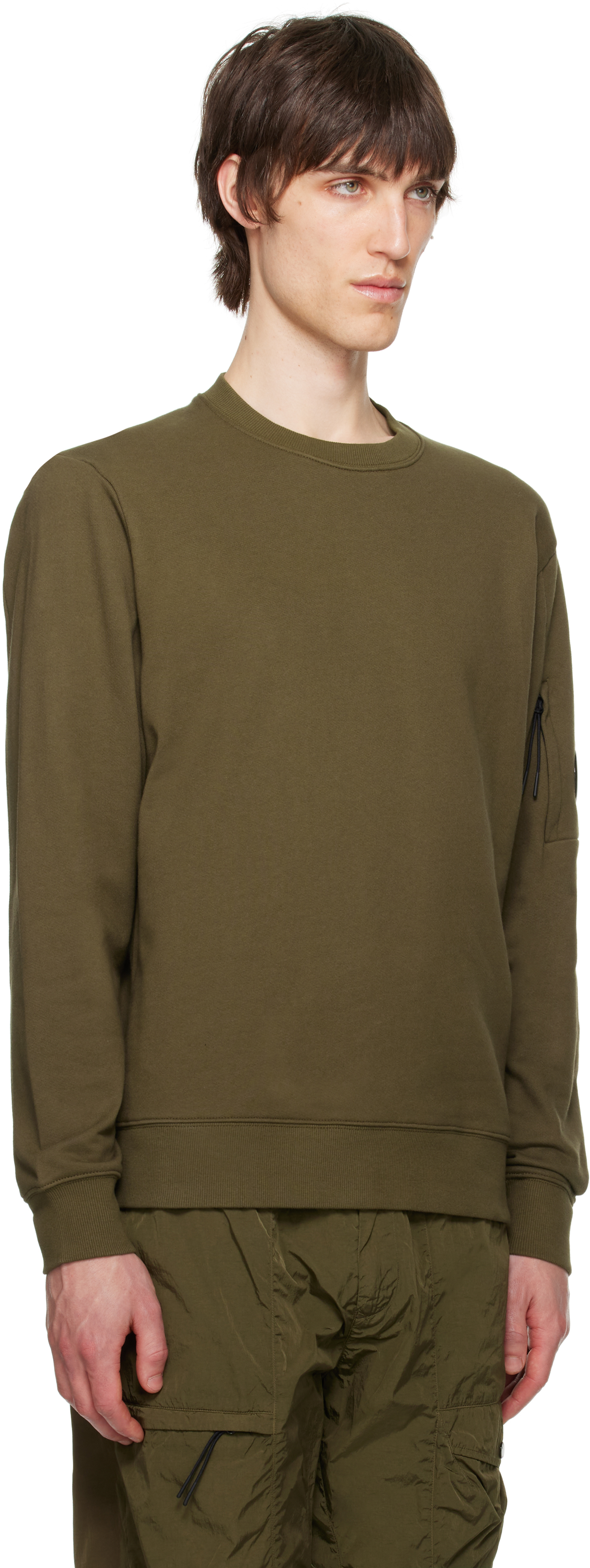 C.p. Company Khaki Diagonal Raised Fleece Crewneck Lens Sweatshirt In Ivy Green