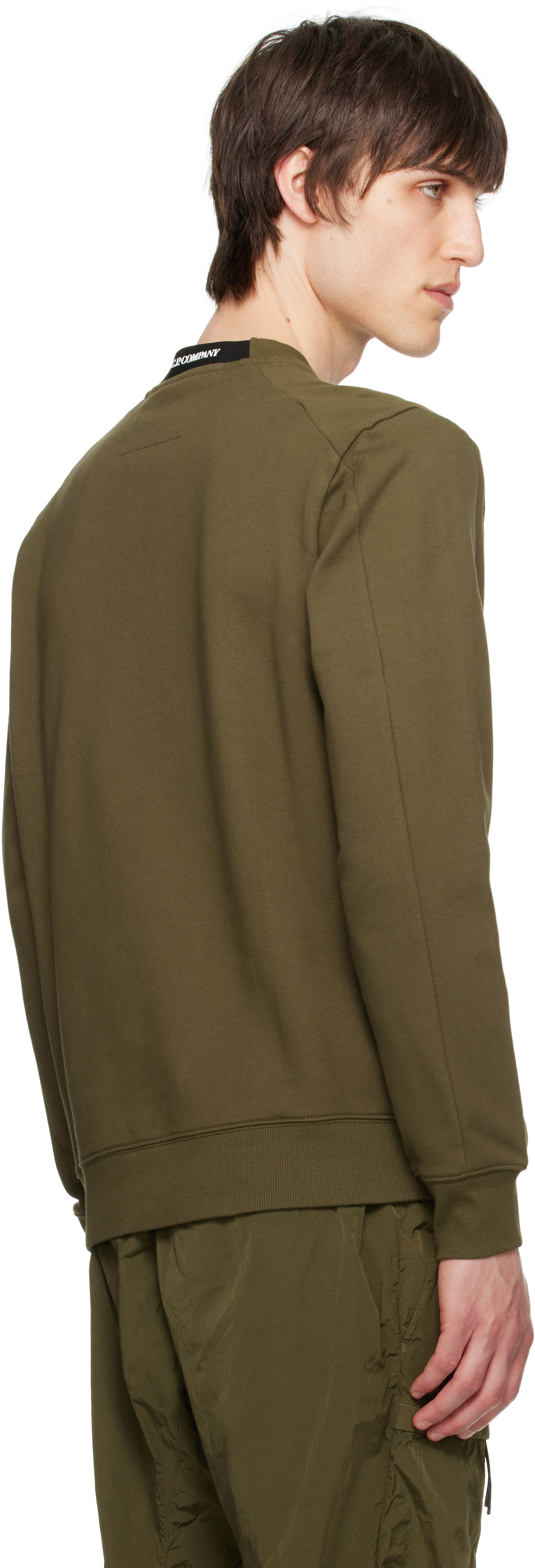 C.p. Company Khaki Diagonal Raised Fleece Crewneck Lens Sweatshirt In Ivy Green