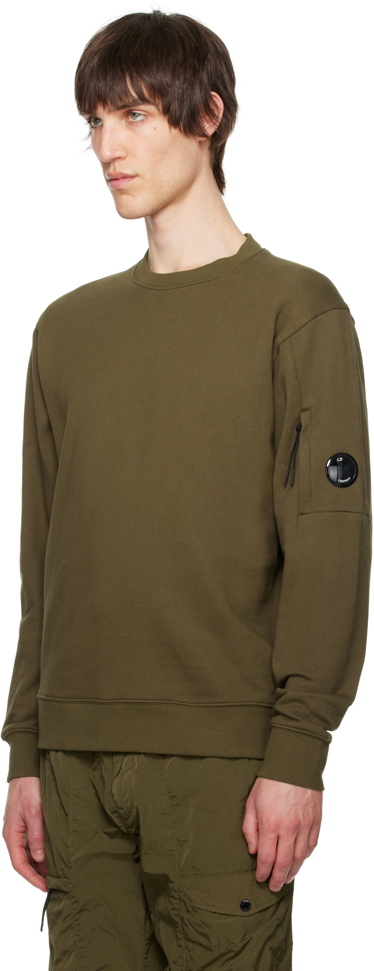C.p. Company Khaki Diagonal Raised Fleece Crewneck Lens Sweatshirt In Ivy Green