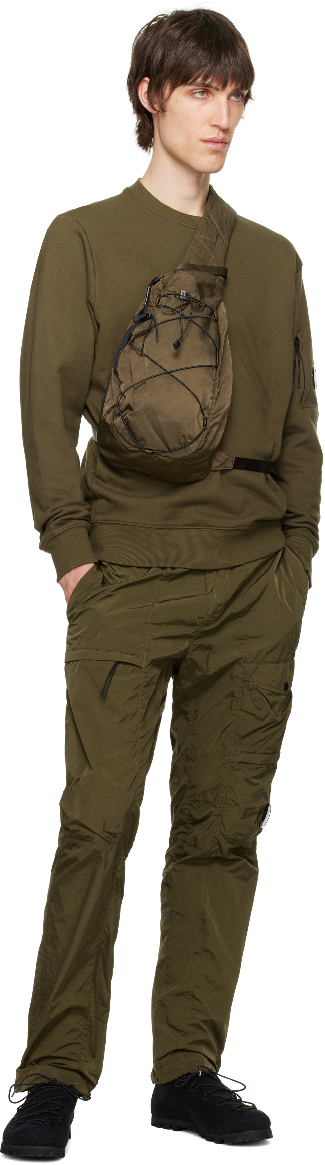 C.p. Company Khaki Diagonal Raised Fleece Crewneck Lens Sweatshirt In Ivy Green
