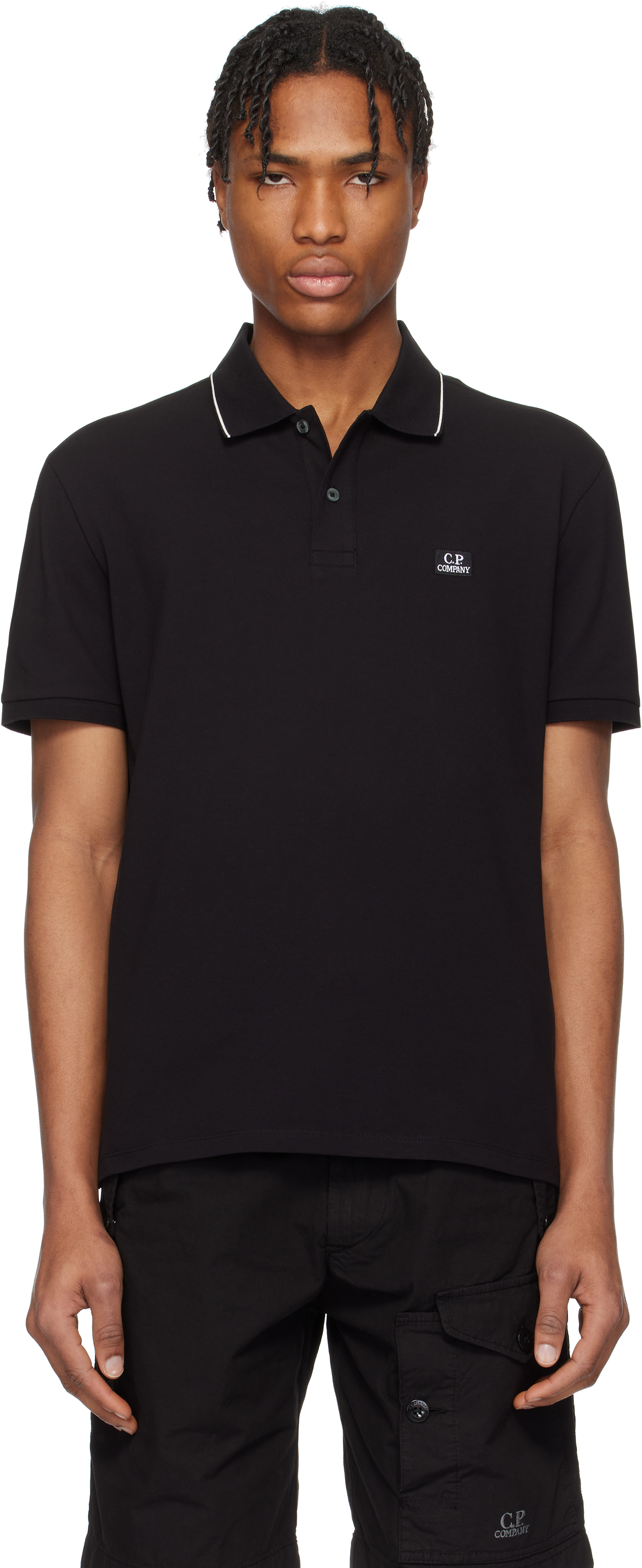 C. P. Company Black Stretch Piquet Two-Button Logo Polo