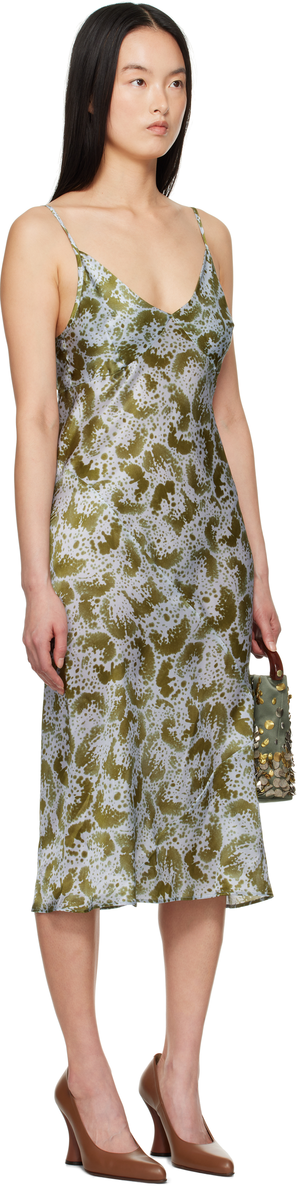 Shop Dries Van Noten Blue & Green Silk Slip Midi Dress In 606 Khaki