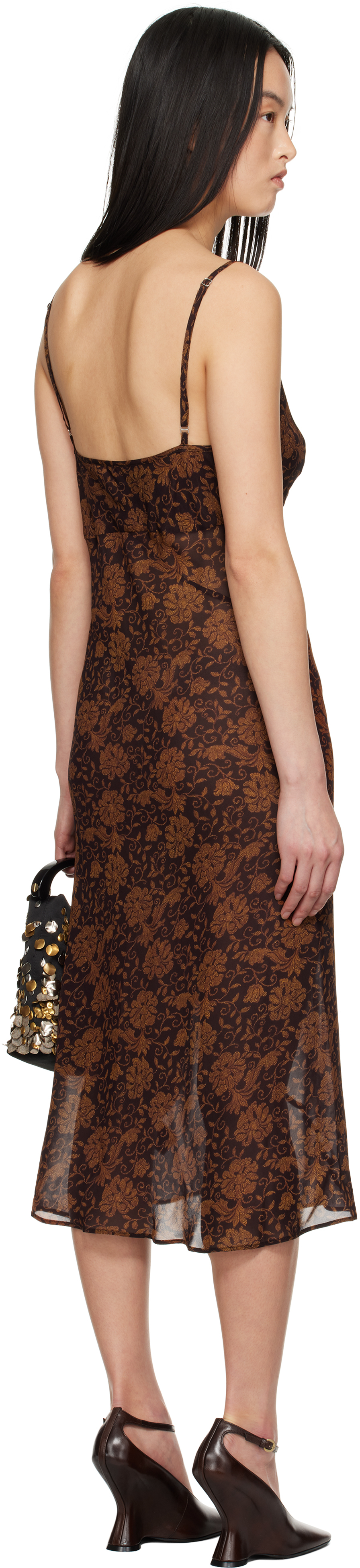 Dries Van Noten Brown Printed Midi Dress In 704 Dark Brown