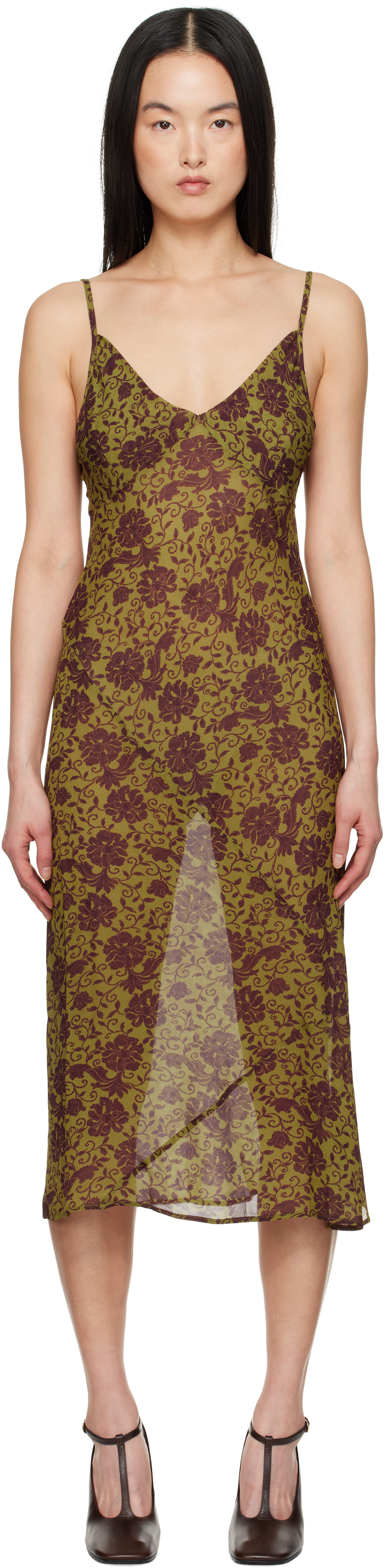 Dries Van Noten Khaki & Burgundy Printed Midi Dress In 607 Olive