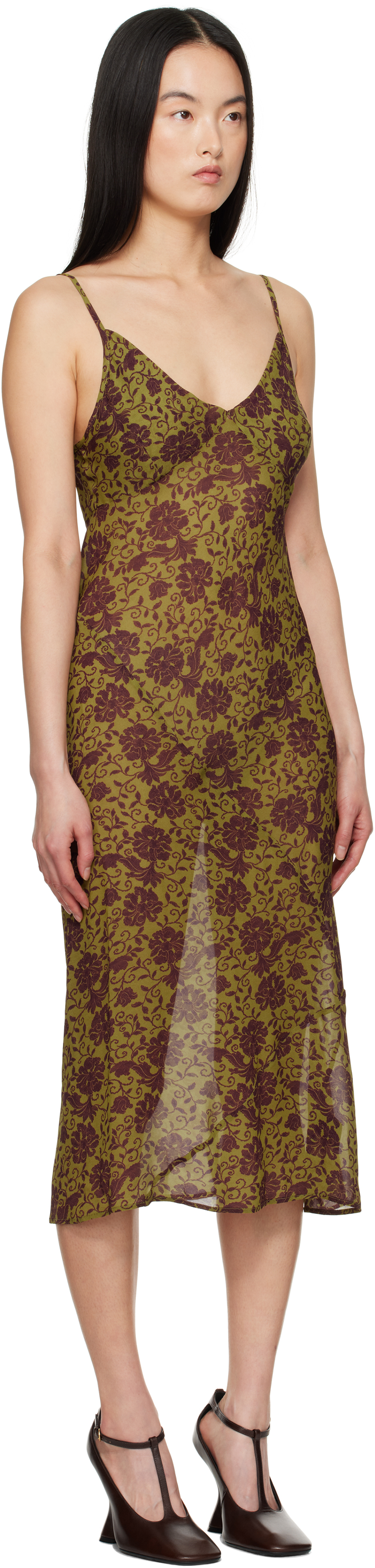 Dries Van Noten Khaki & Burgundy Printed Midi Dress In 607 Olive