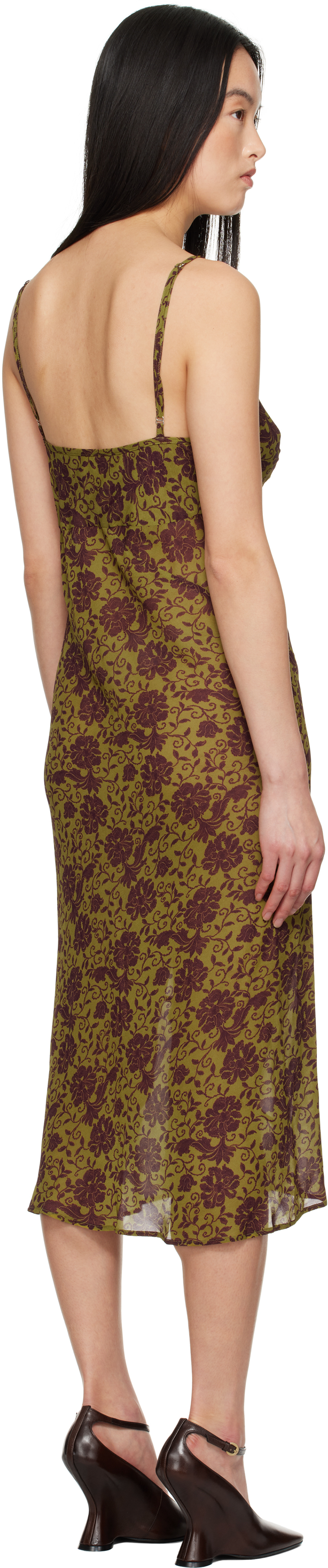 Dries Van Noten Khaki & Burgundy Printed Midi Dress In 607 Olive