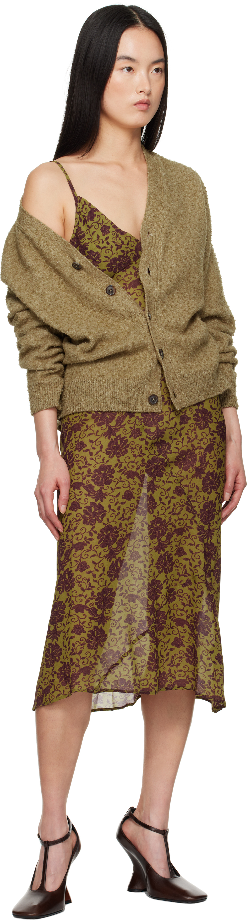 Dries Van Noten Khaki & Burgundy Printed Midi Dress In 607 Olive