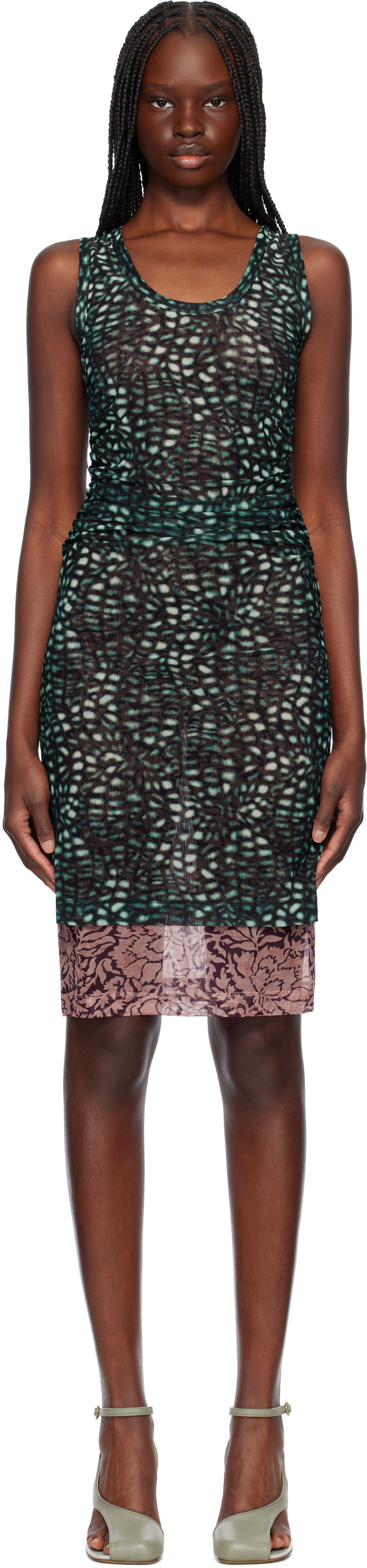 Dries Van Noten Printed Mesh Layered Midi Dress In 612 Malachite