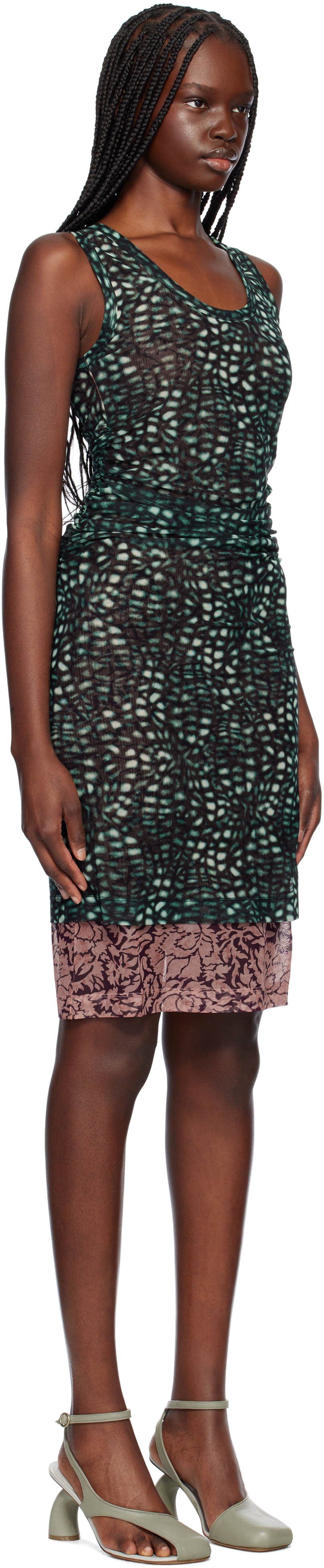 Dries Van Noten Printed Mesh Layered Midi Dress In 612 Malachite