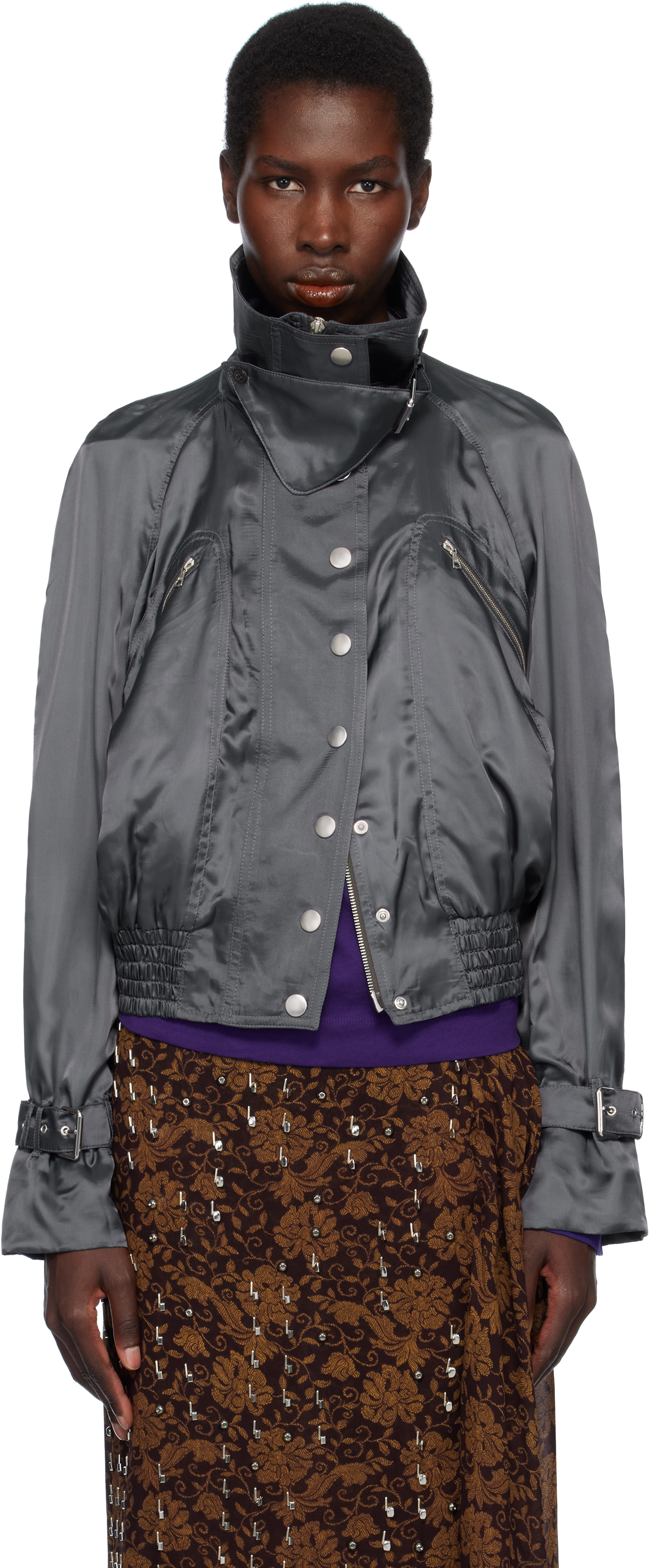 Gray Satin Bomber Jacket
