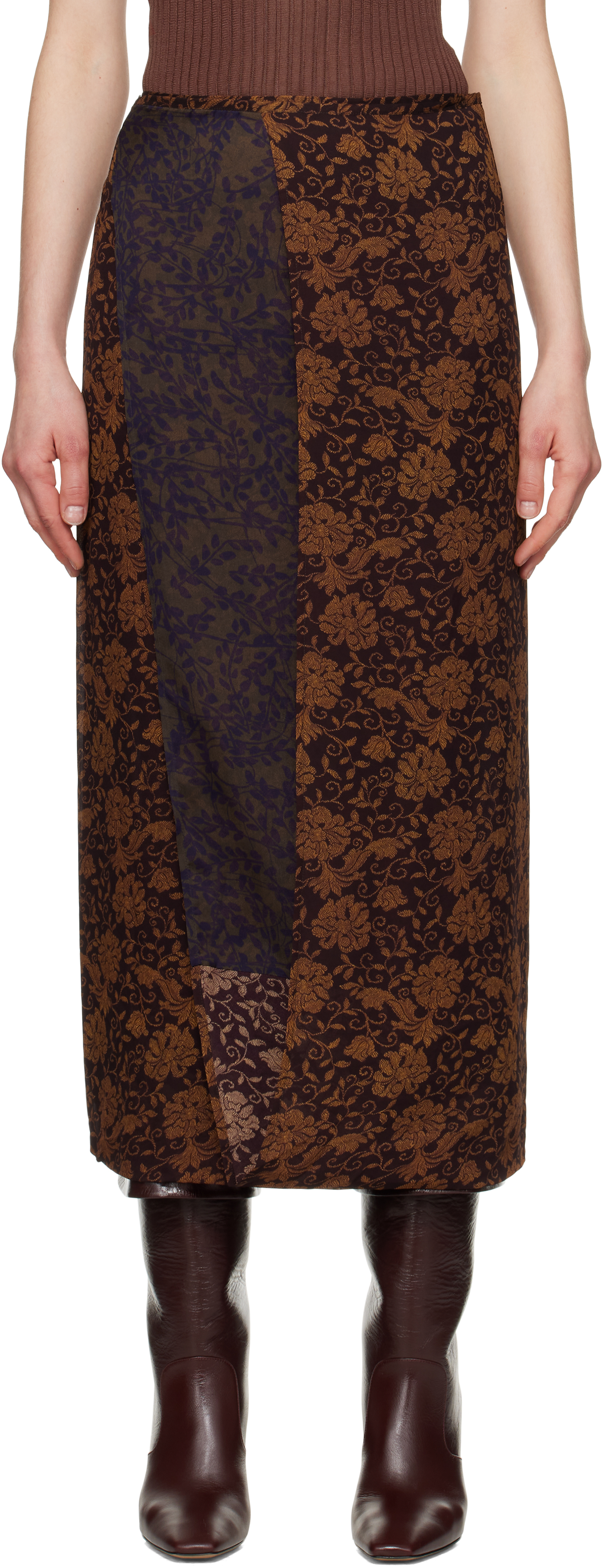 Dries Van Noten Brown Silk Floral Midi Skirt In 704 Dark Brown