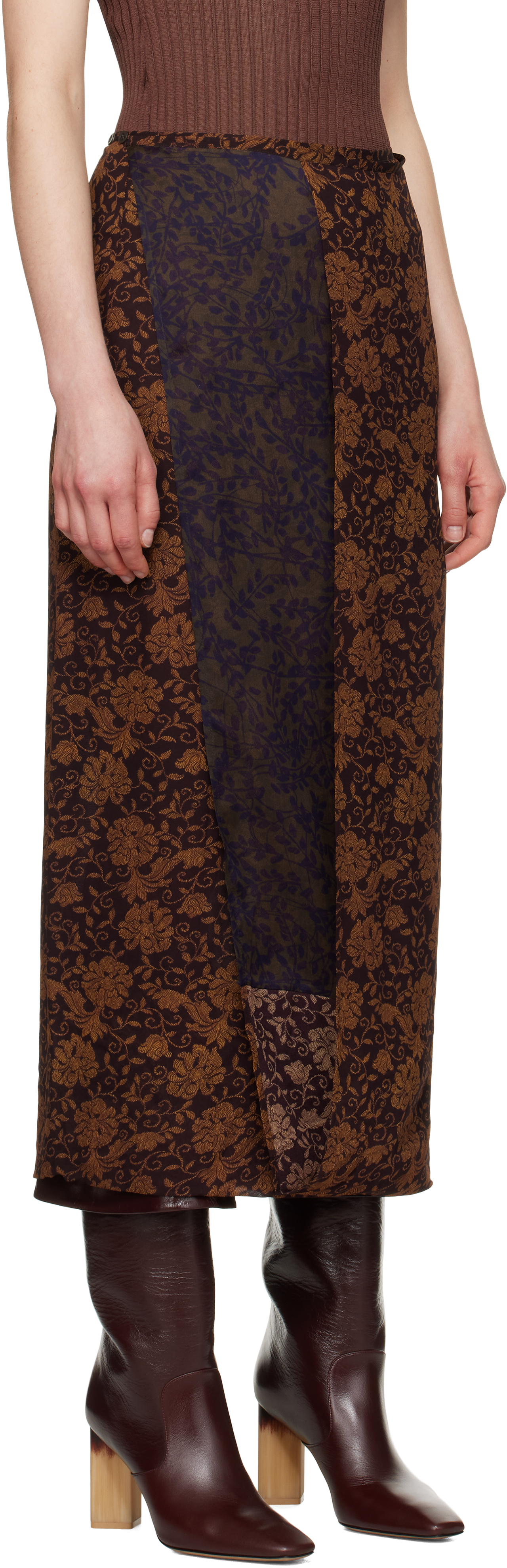 Dries Van Noten Brown Silk Floral Midi Skirt In 704 Dark Brown