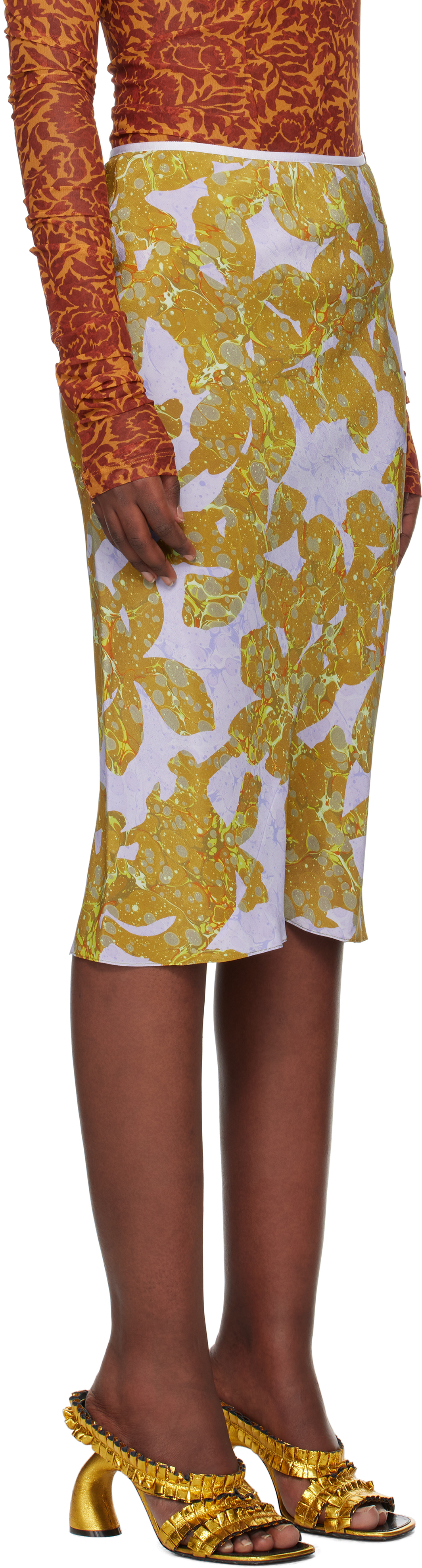 Shop Dries Van Noten Multicolor Silk Chiffon Midi Skirt In 205 Ocra