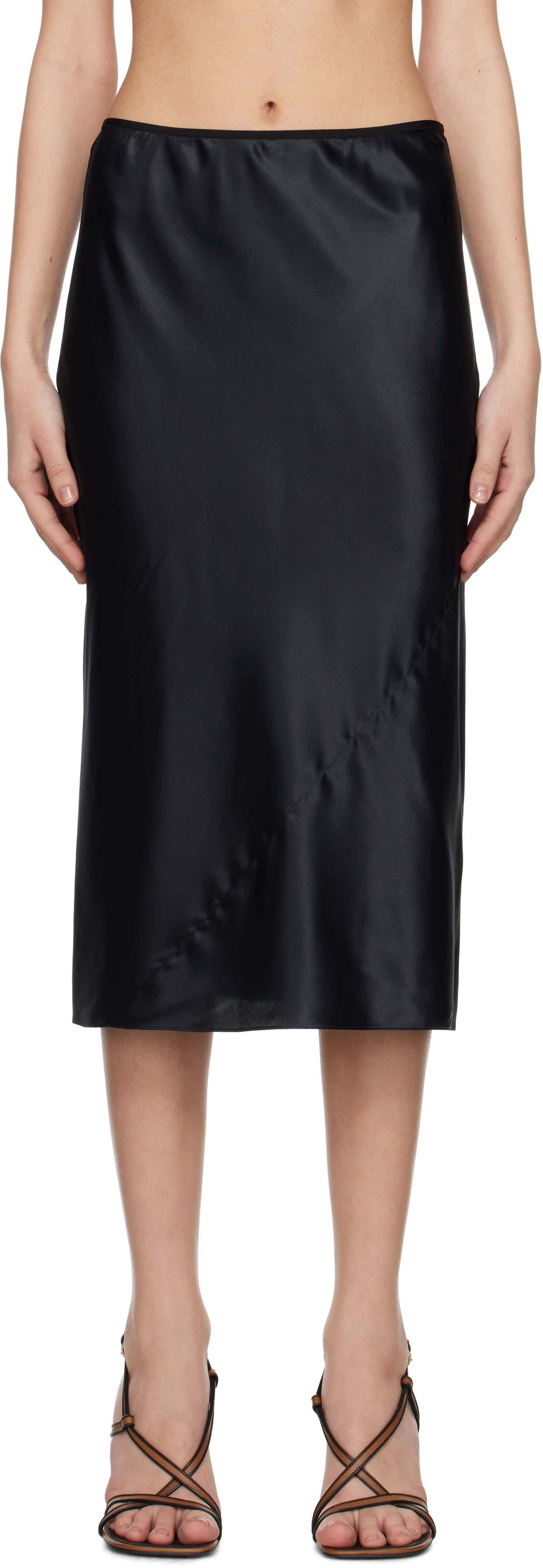 DRIES VAN NOTEN BLACK SILK MIDI SKIRT