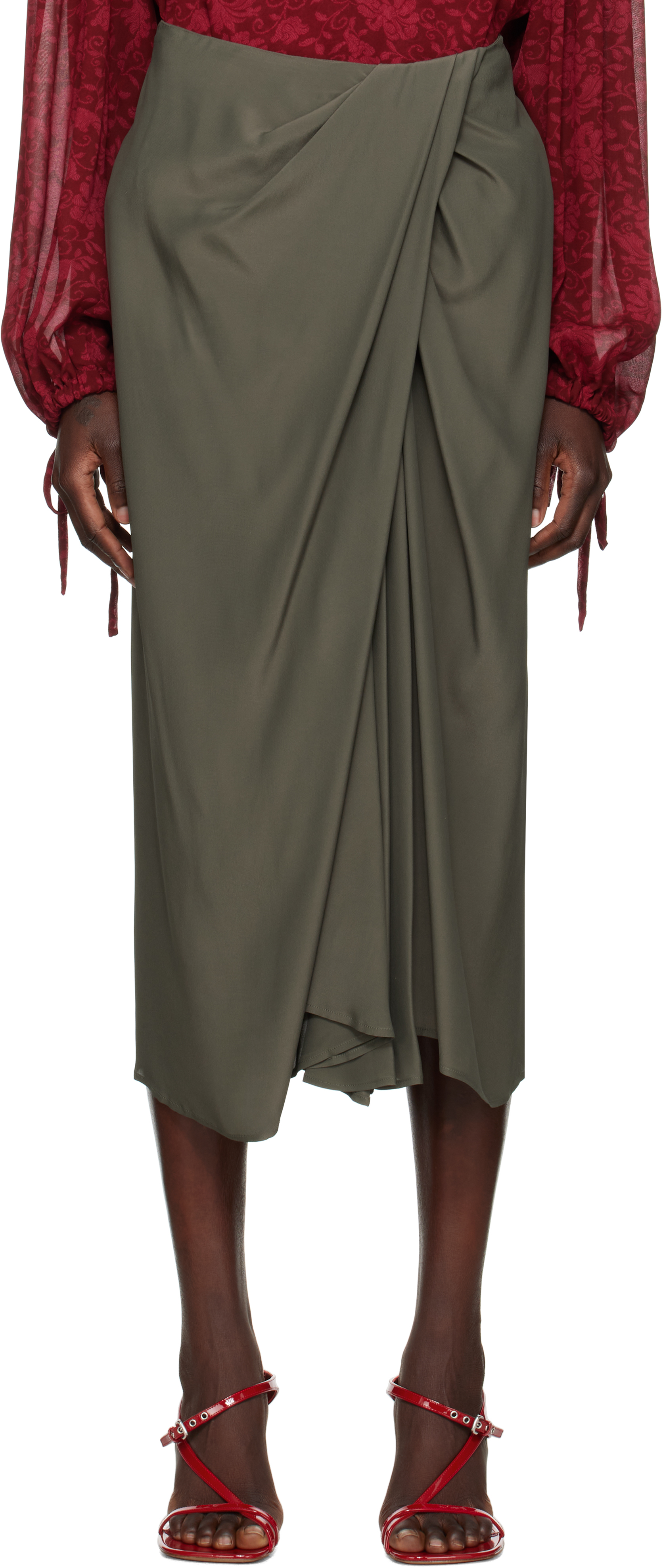 Khaki Draped Flared Midi Skirt