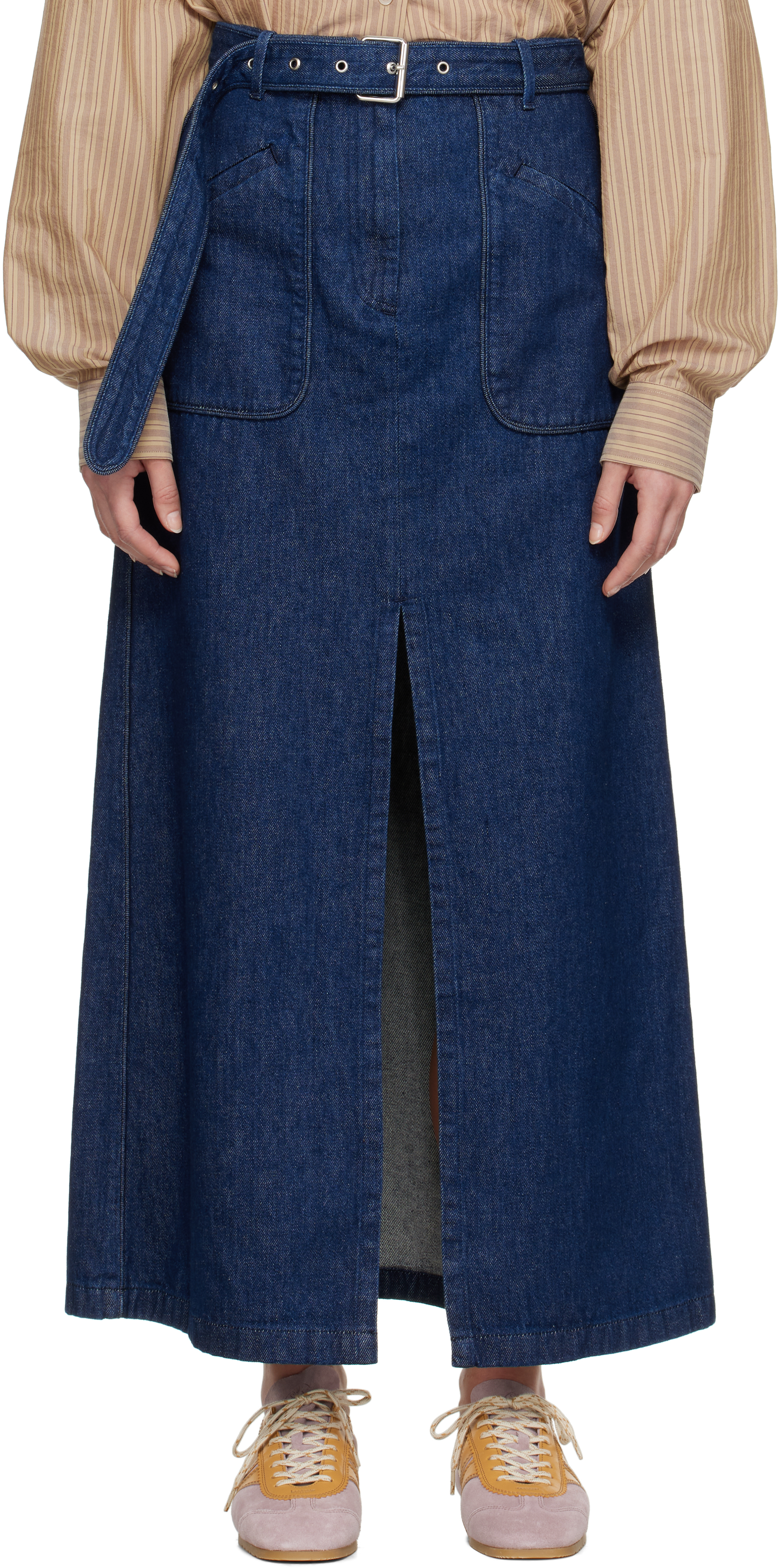 Dries Van Noten Navy Belted Maxi Skirt In 504 Blue