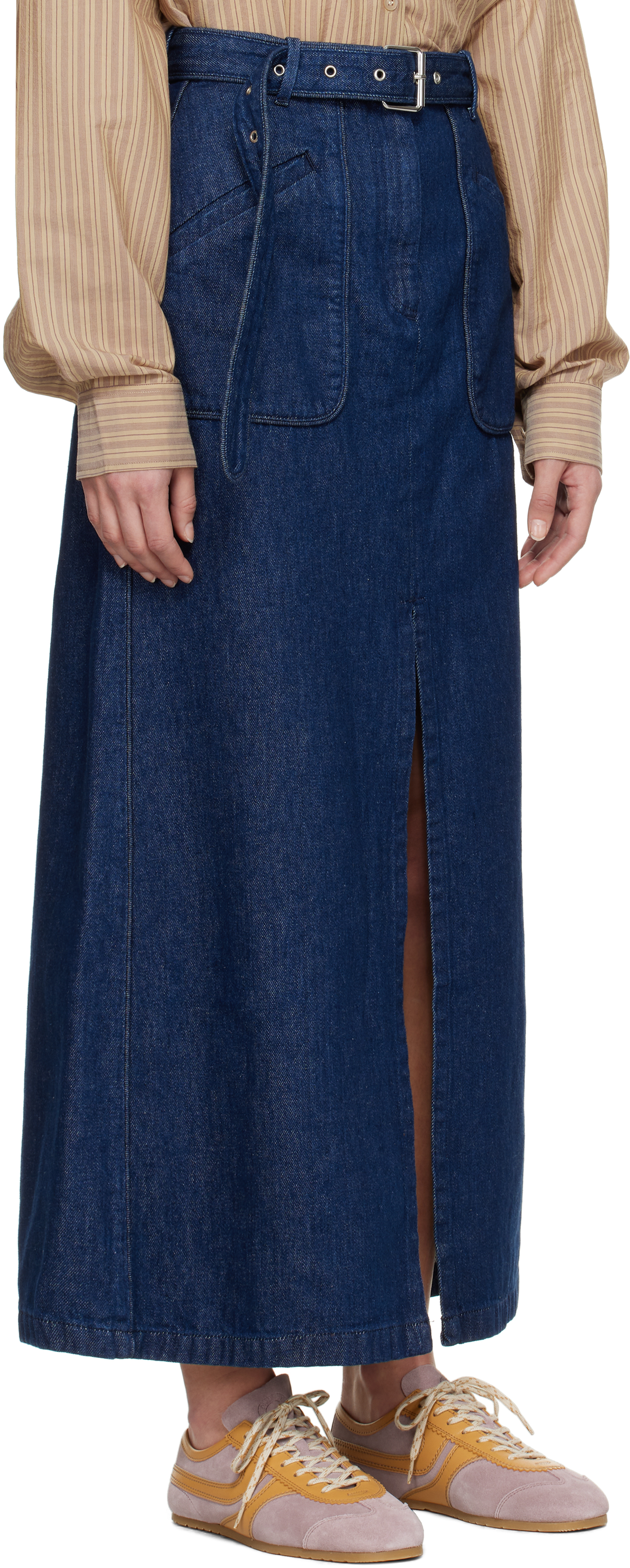 Dries Van Noten Navy Belted Maxi Skirt In 504 Blue