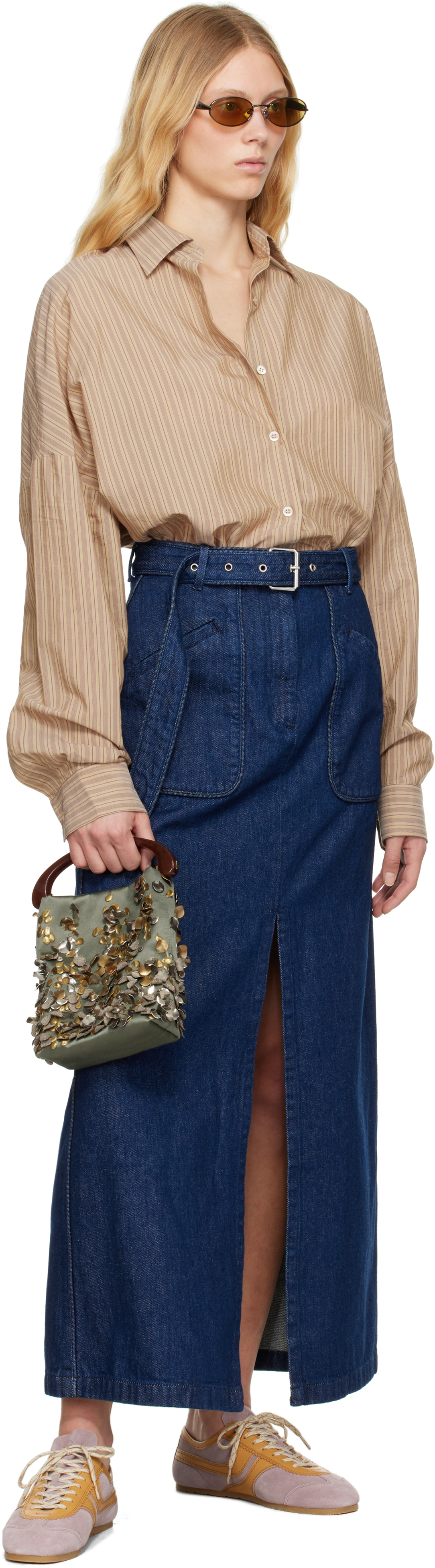 Dries Van Noten Navy Belted Maxi Skirt In 504 Blue