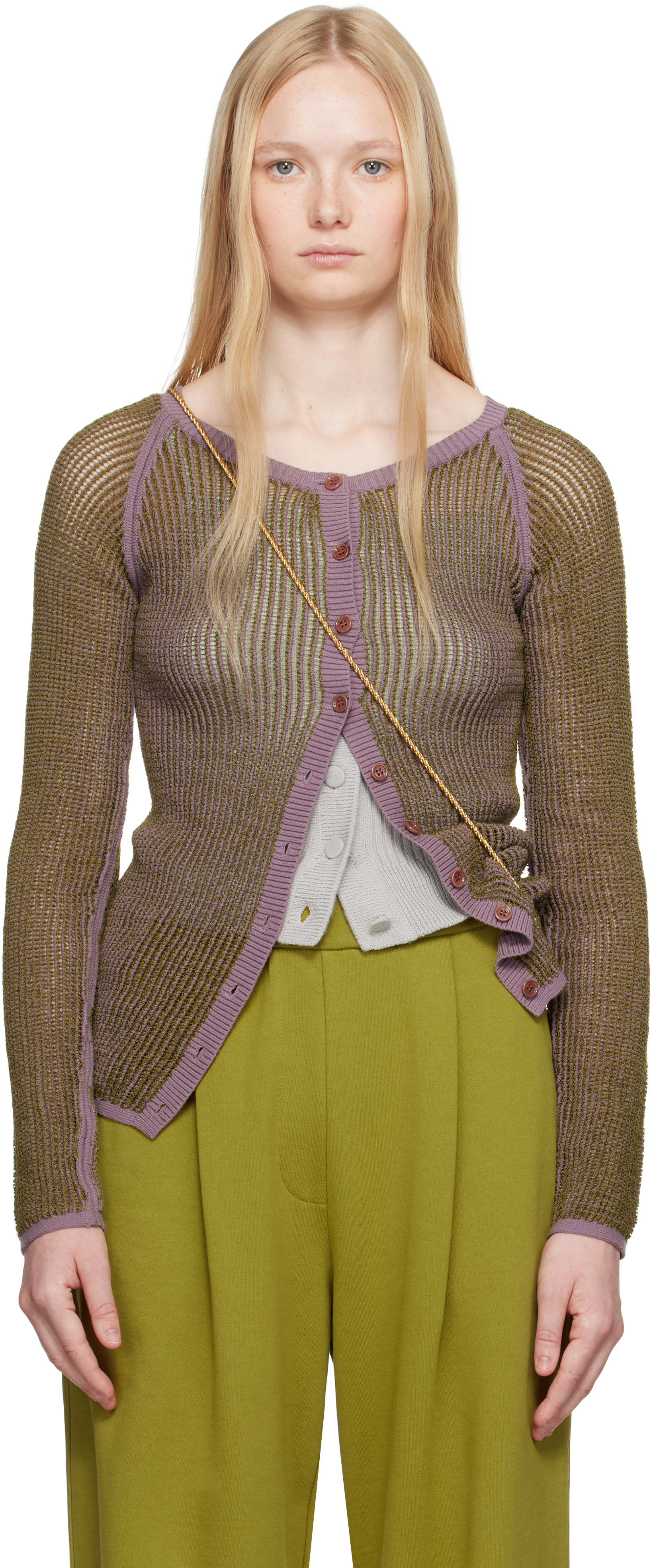 DRIES VAN NOTEN KHAKI & PURPLE OPEN KNIT CARDIGAN 