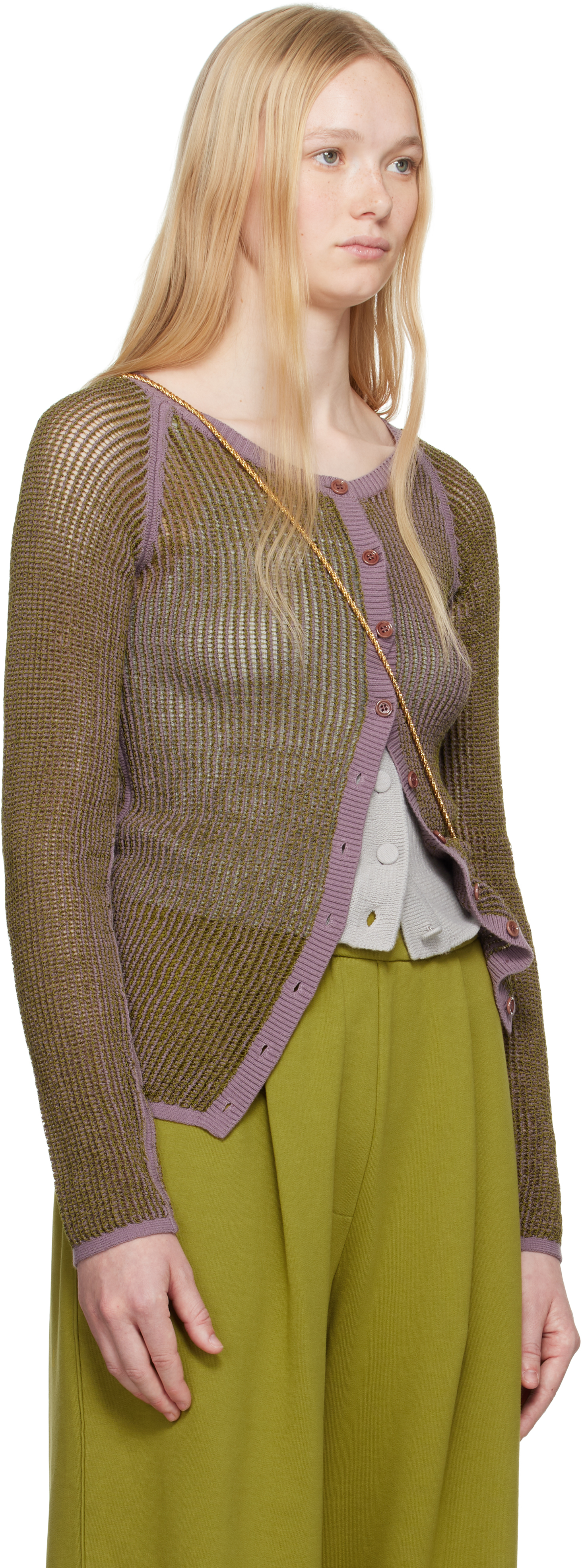 DRIES VAN NOTEN KHAKI & PURPLE OPEN KNIT CARDIGAN 