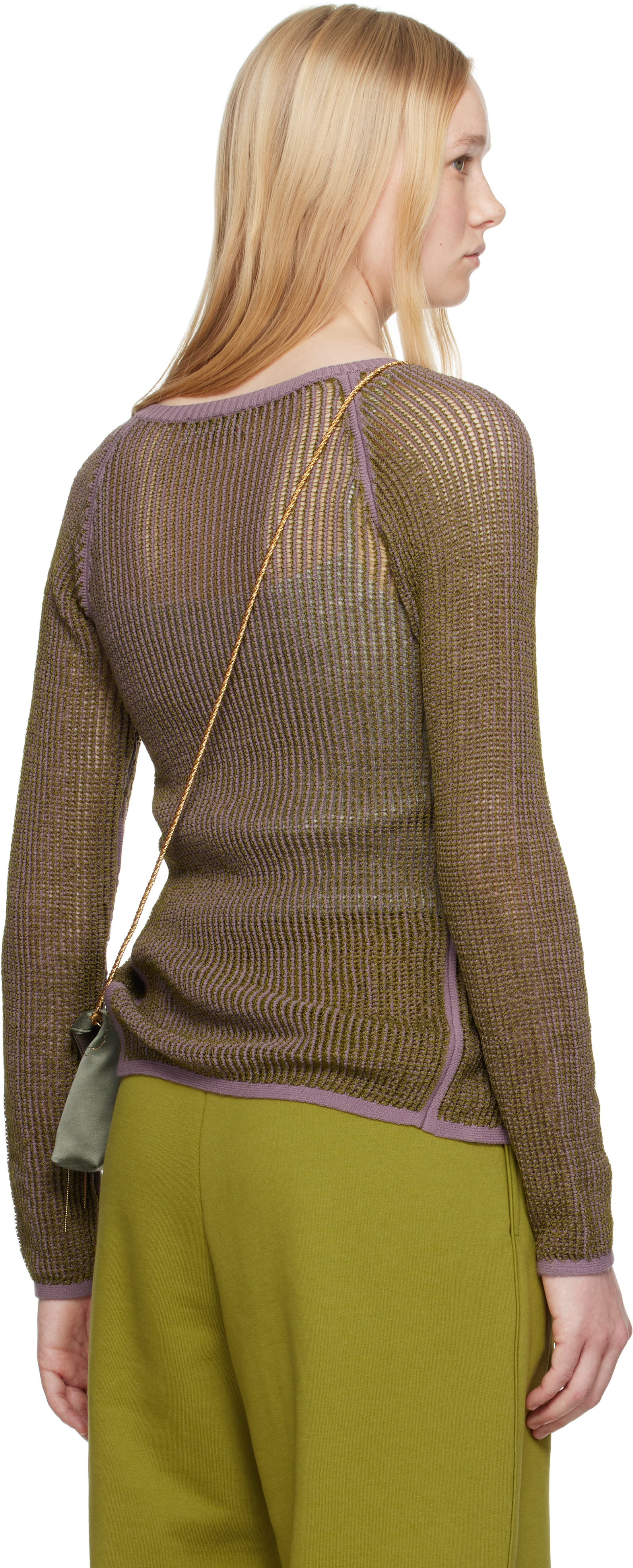 DRIES VAN NOTEN KHAKI & PURPLE OPEN KNIT CARDIGAN 
