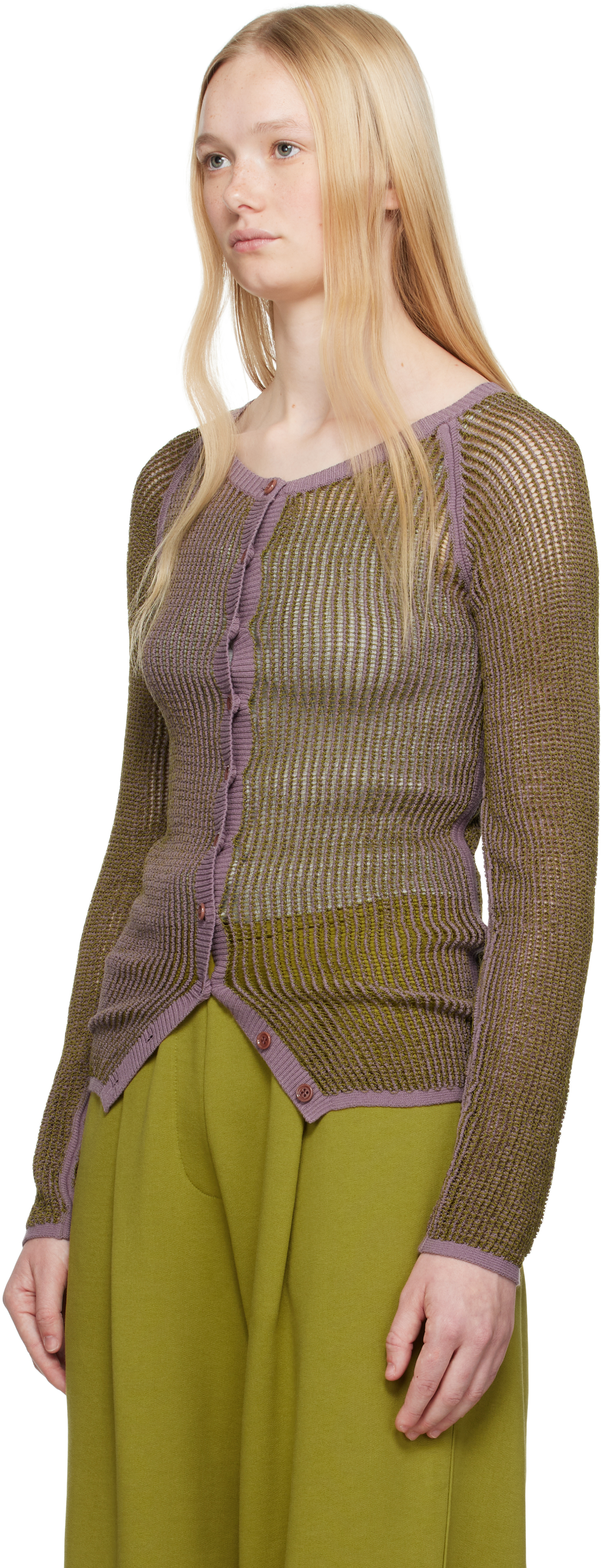DRIES VAN NOTEN KHAKI & PURPLE OPEN KNIT CARDIGAN 