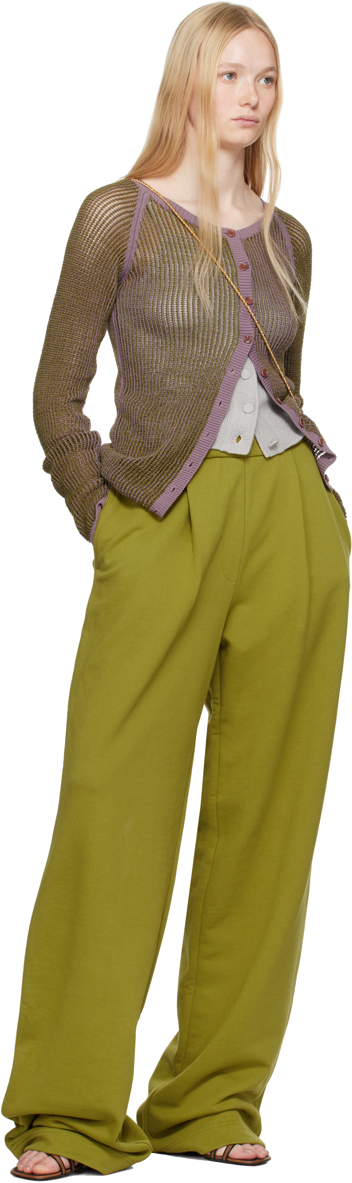 DRIES VAN NOTEN KHAKI & PURPLE OPEN KNIT CARDIGAN 