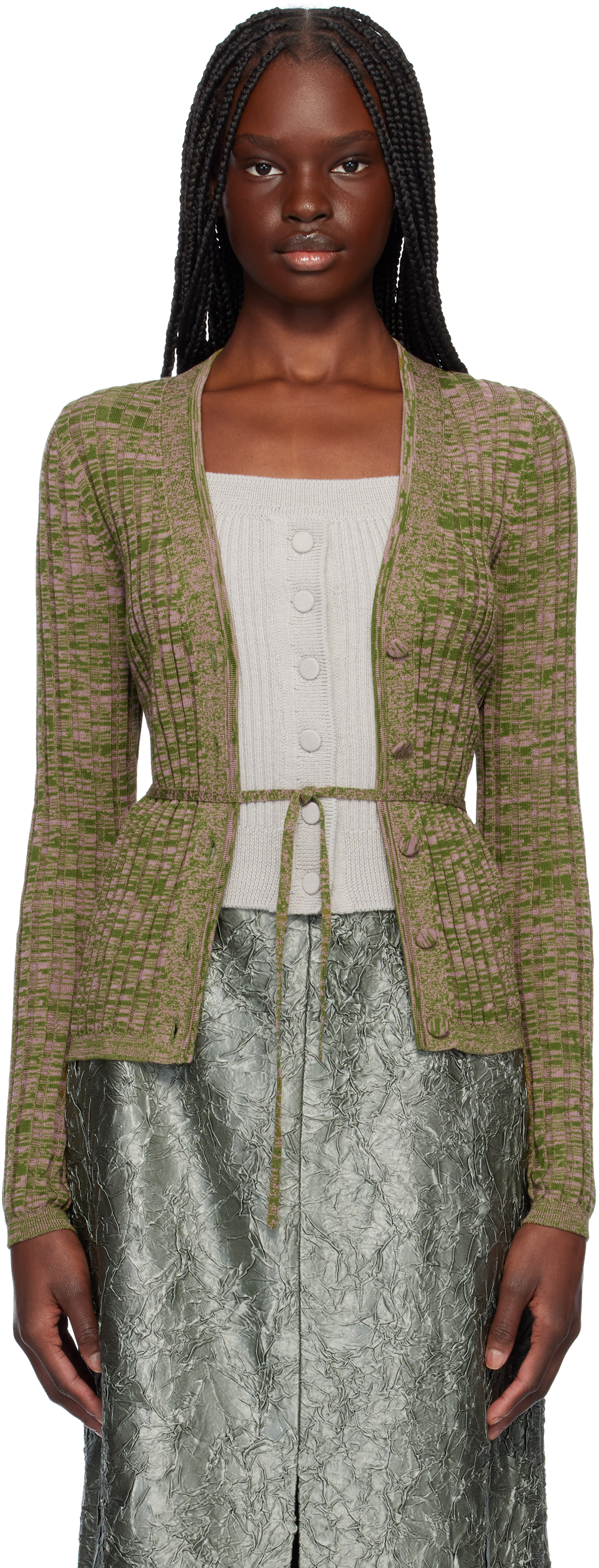 Dries Van Noten Pink & Green Rib-knit Cardigan In 305 Pink