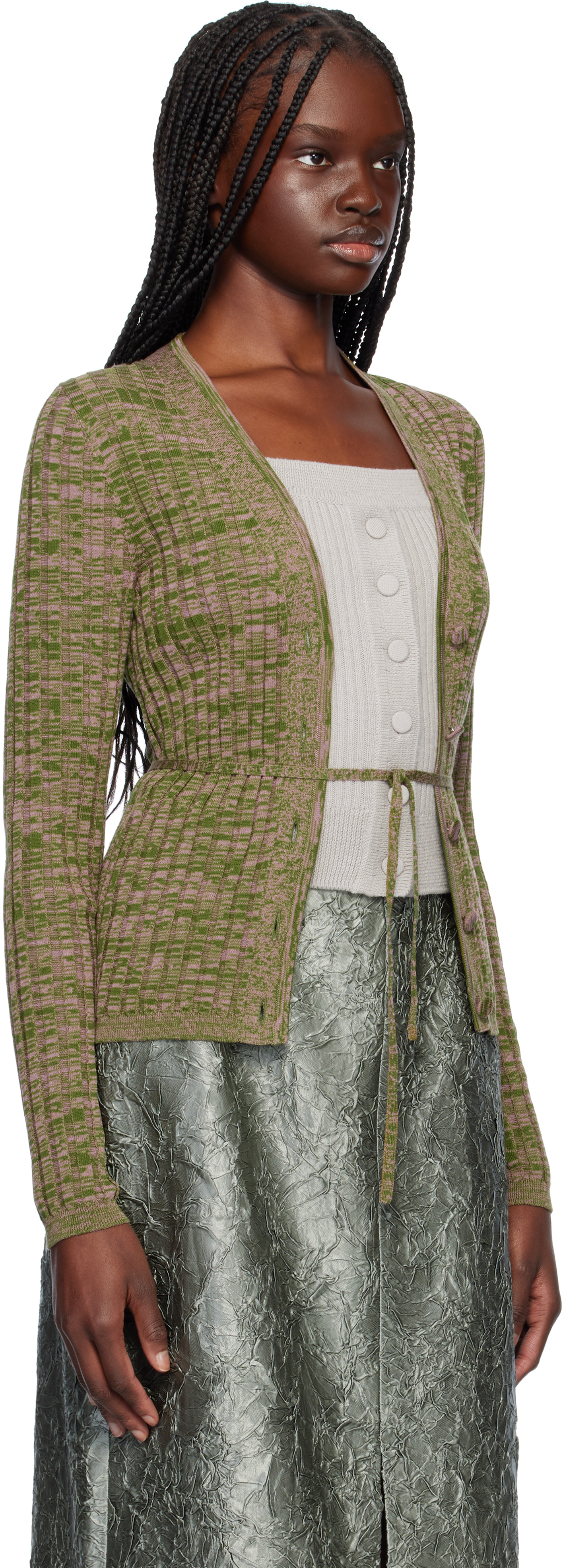 Dries Van Noten Pink & Green Rib-knit Cardigan In 305 Pink