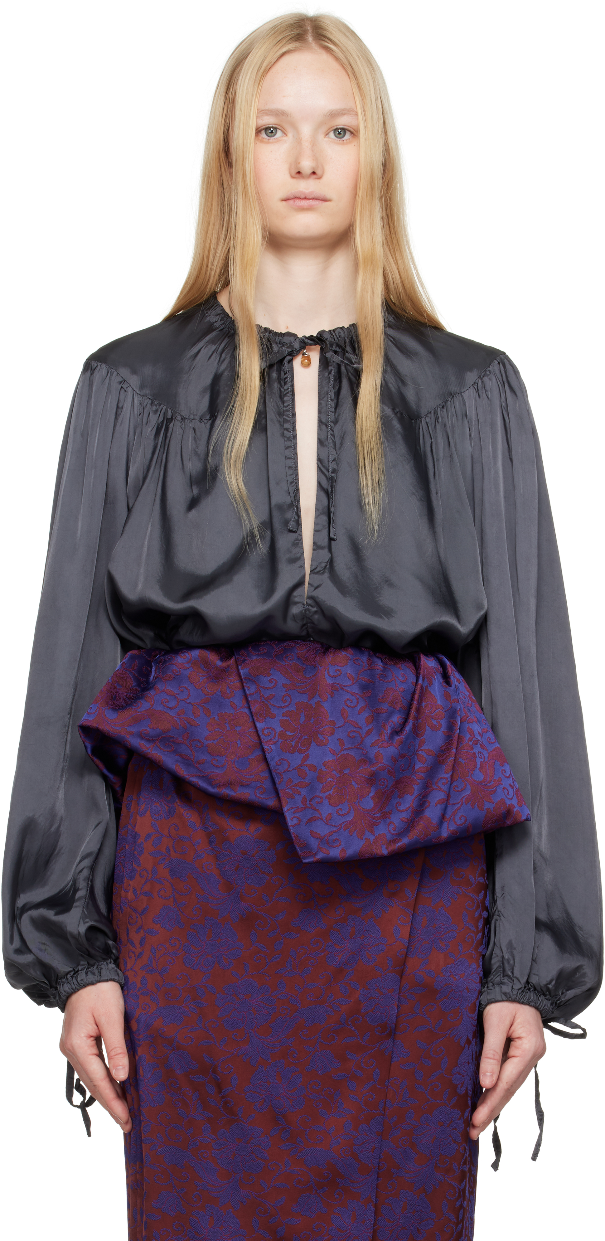 DRIES VAN NOTEN GRAY DRAWSTRING BLOUSE 