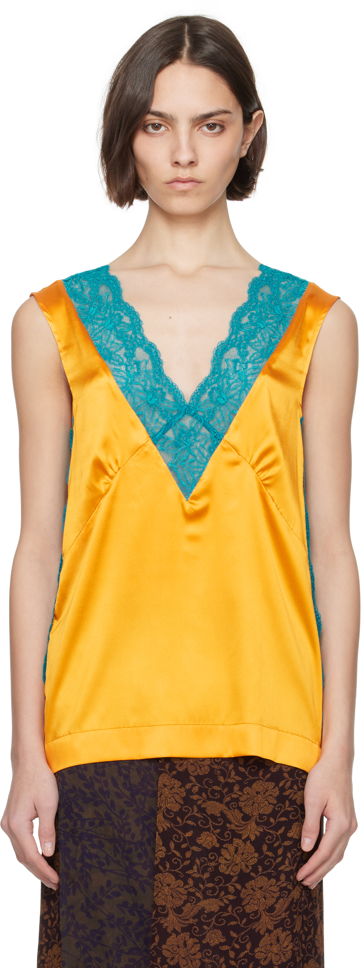 Orange & Blue Silk Lace Tank Top