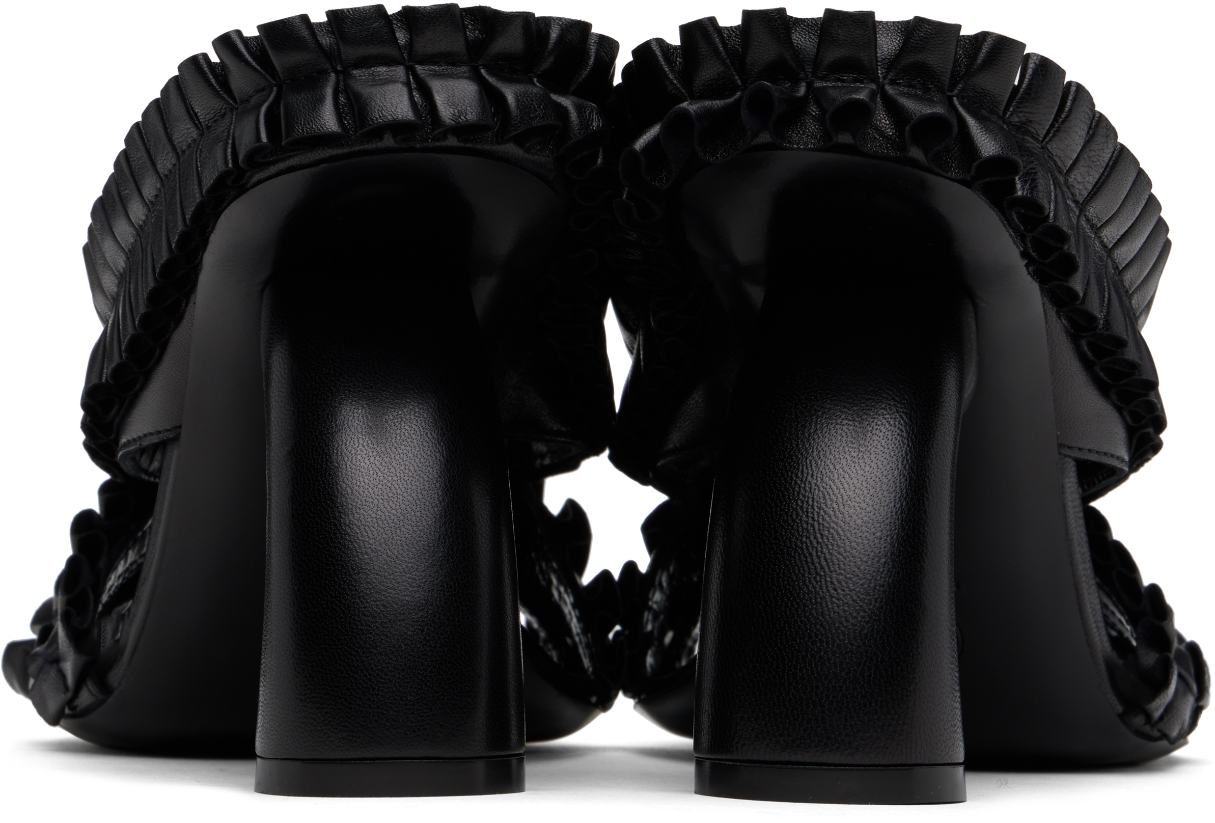DRIES VAN NOTEN BLACK RUFFLED LEATHER HEELED SANDALS 