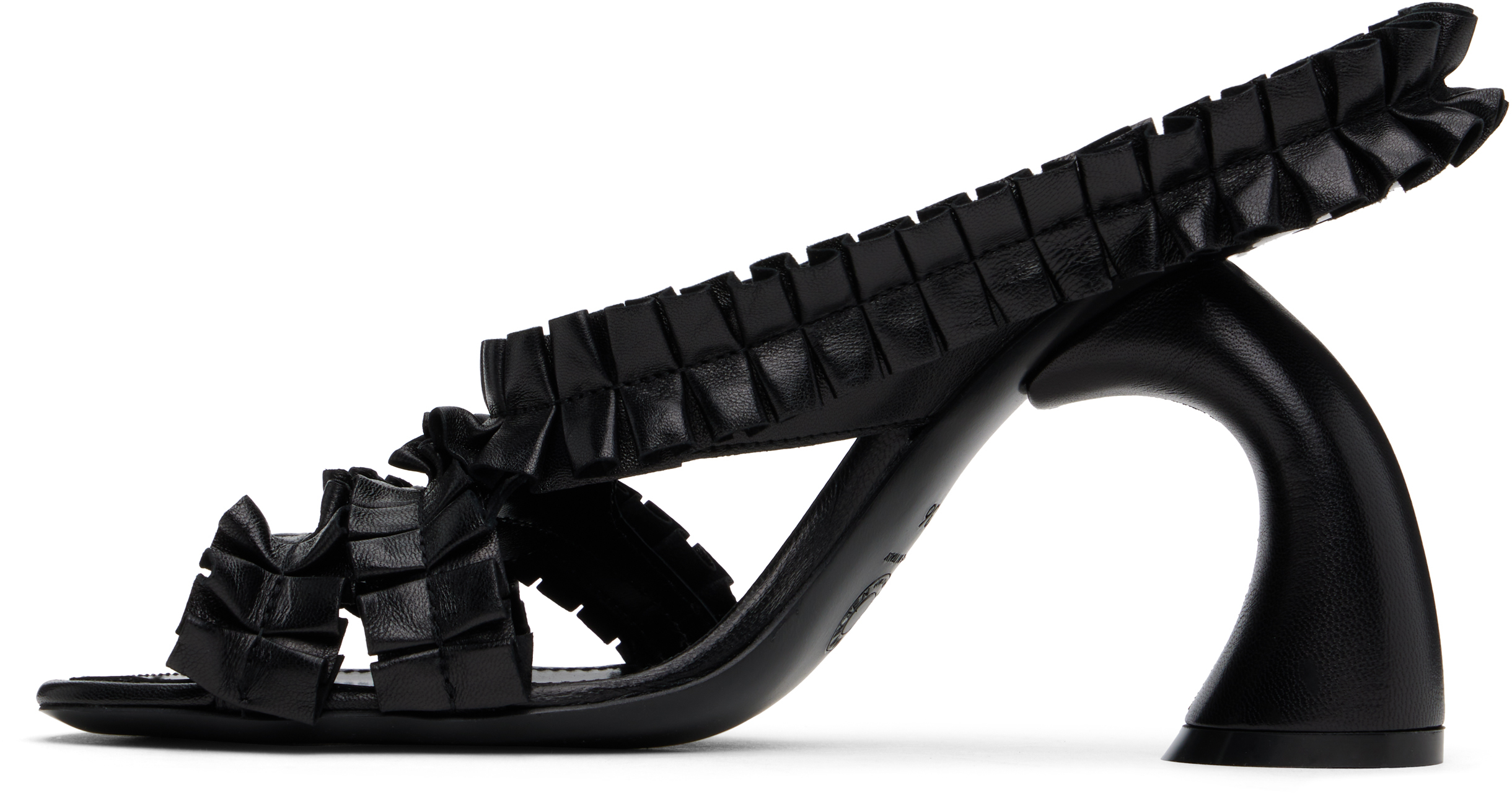 DRIES VAN NOTEN BLACK RUFFLED LEATHER HEELED SANDALS 