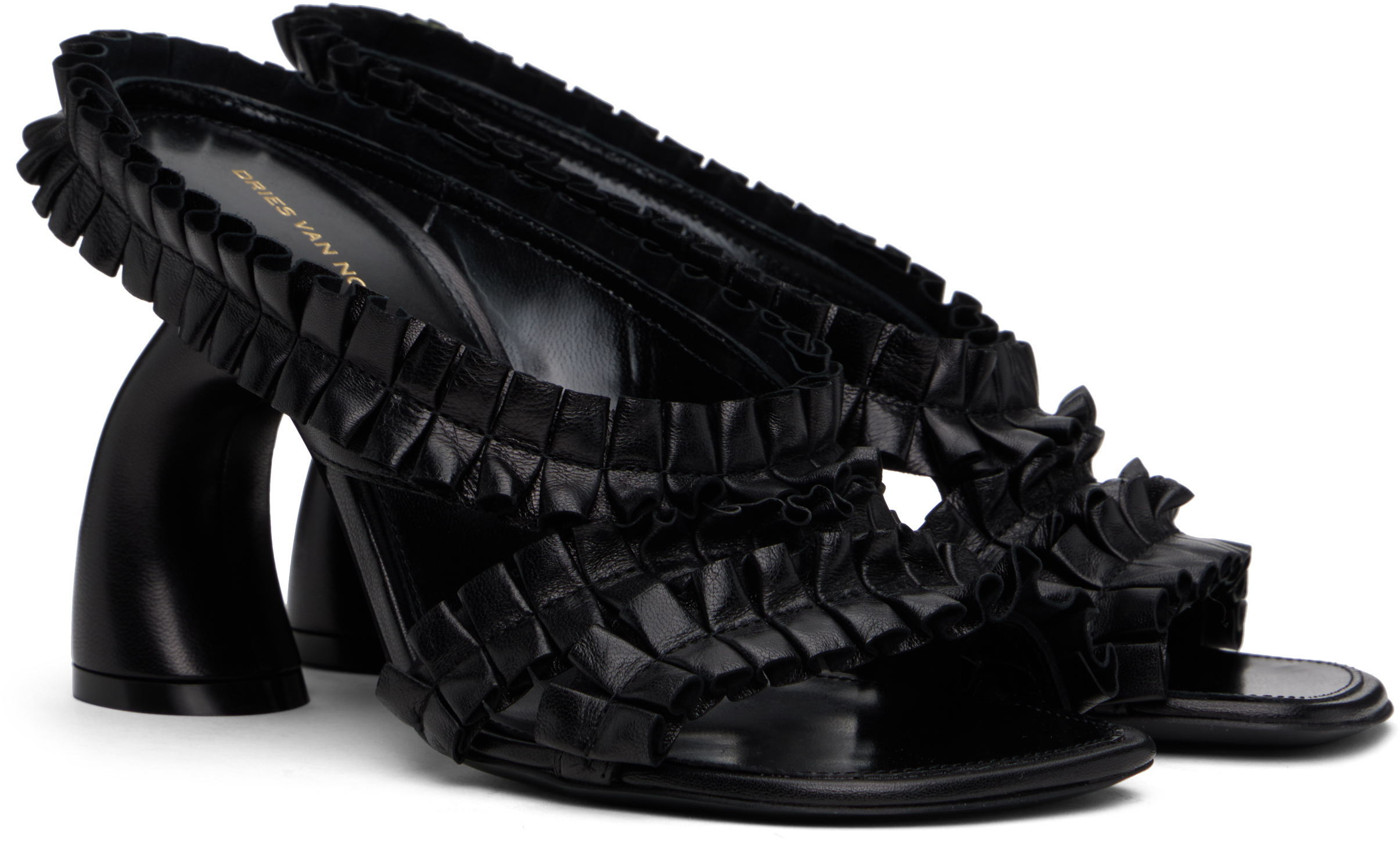 DRIES VAN NOTEN BLACK RUFFLED LEATHER HEELED SANDALS 