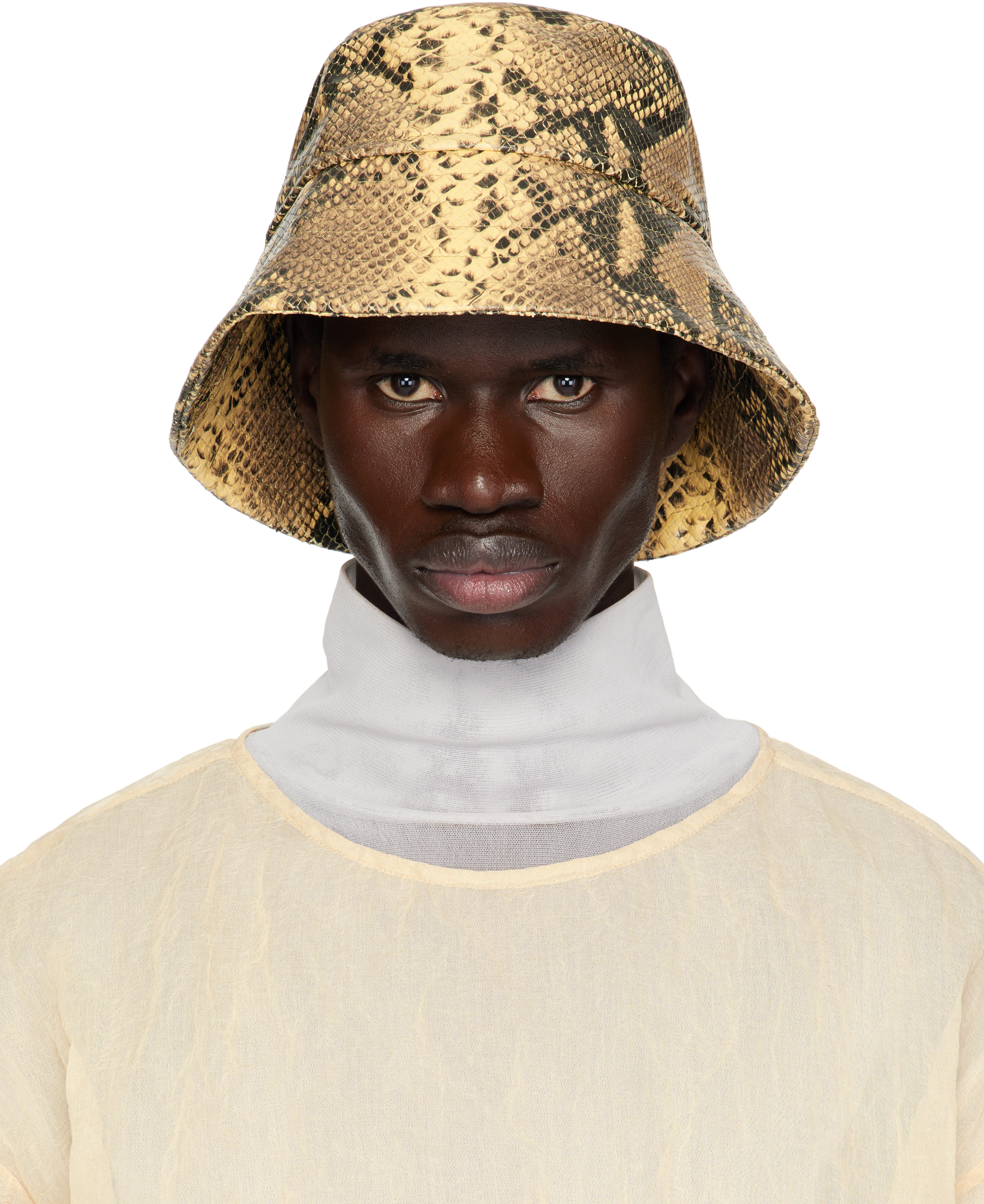 Beige Leather Bucket Hat