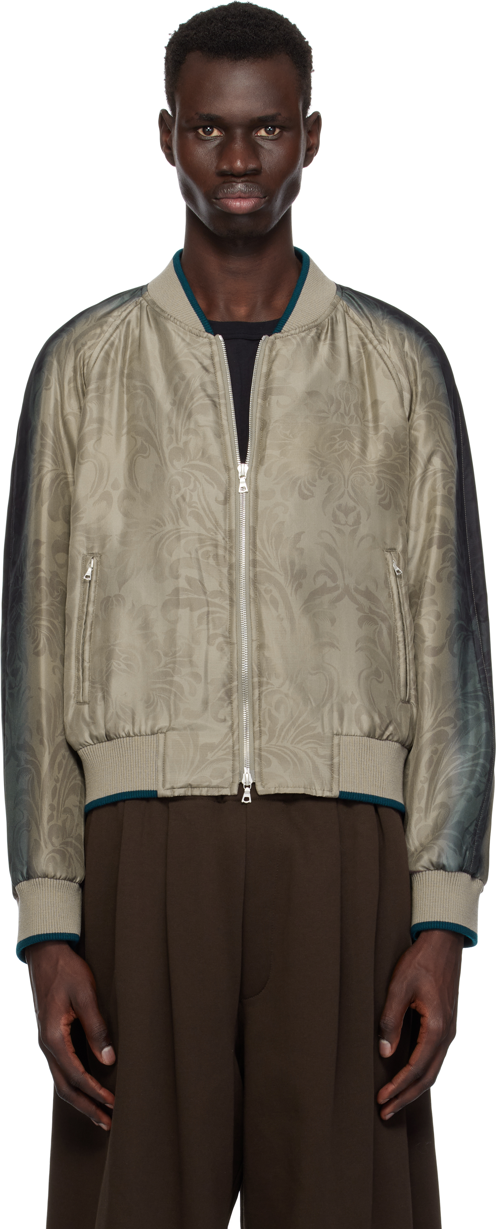 Gray & Green Silk Bomber Jacket