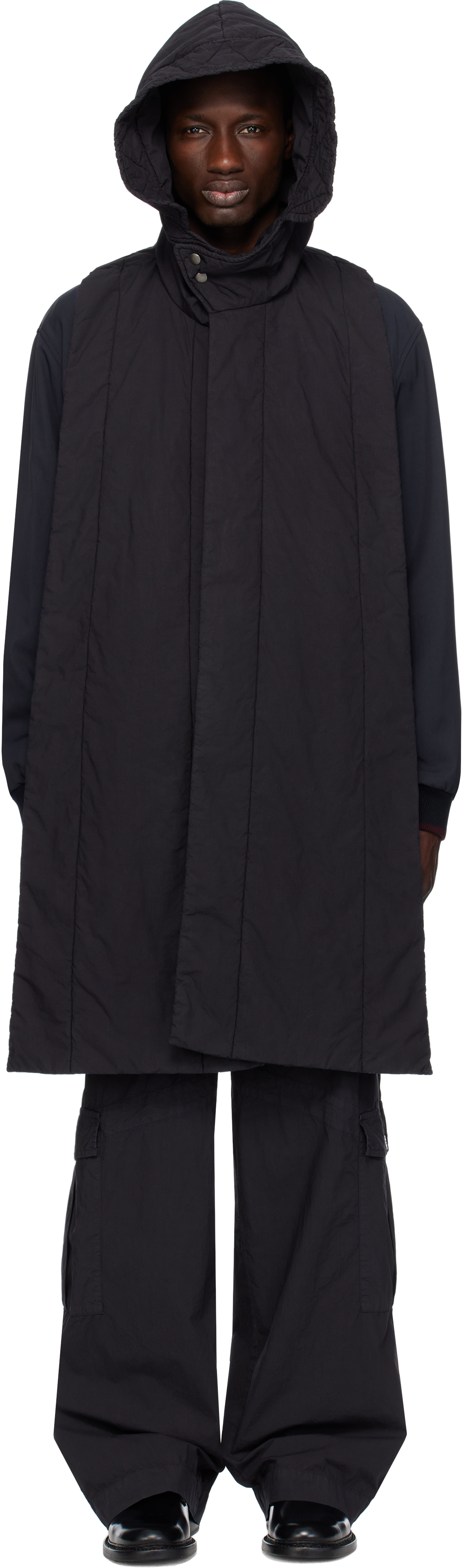 Dries van notten フードベスト Dries Van Notenのネイビー コットン フード付き マフラーベスト
