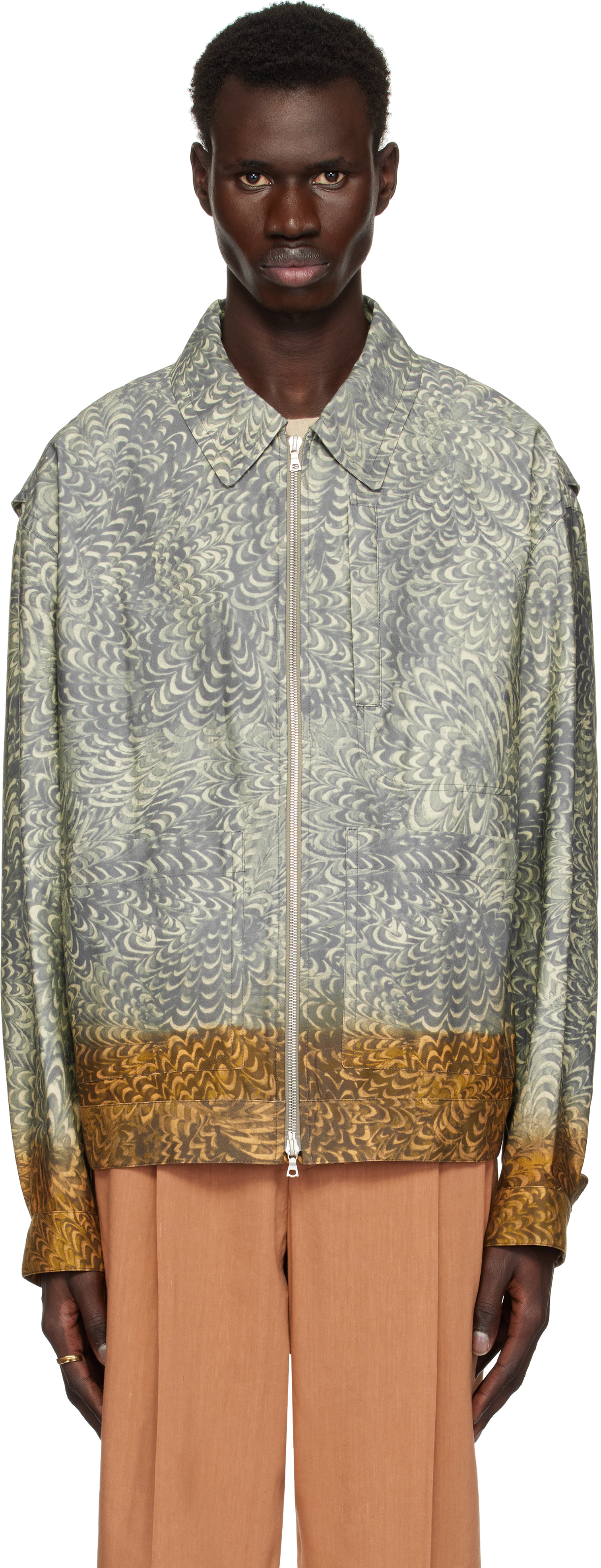 Dries Van Noten: Gray & Tan Printed Cotton Jacket | SSENSE