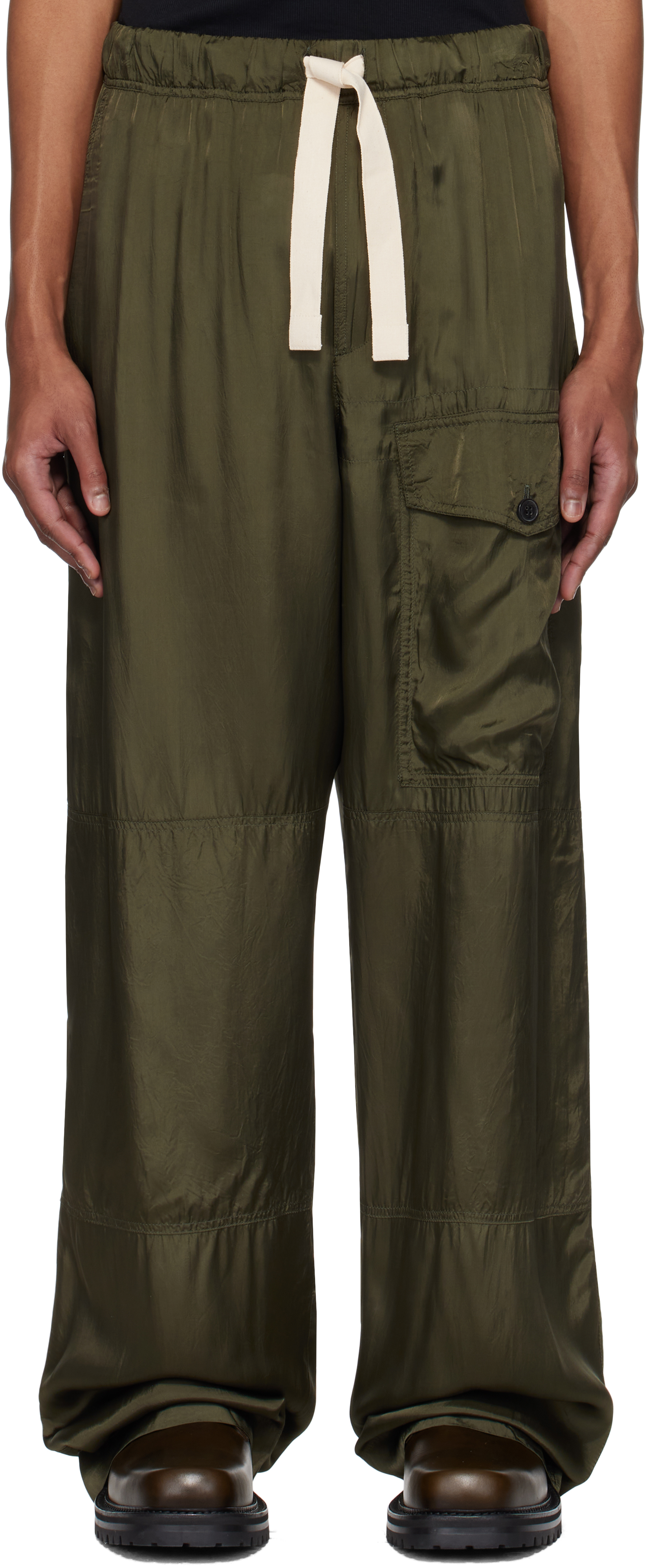 Khaki Viscose Drawstring Cargo Pants