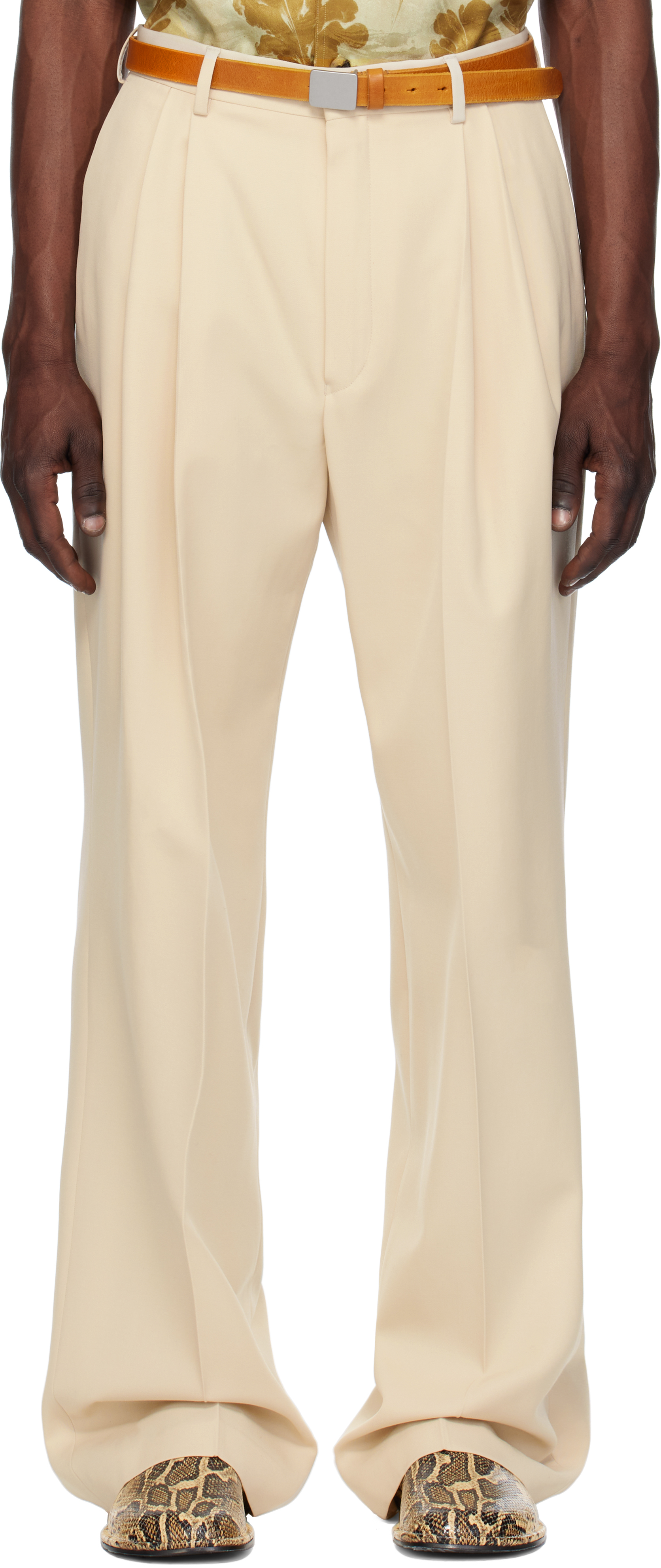 Beige Wool Straight Trousers