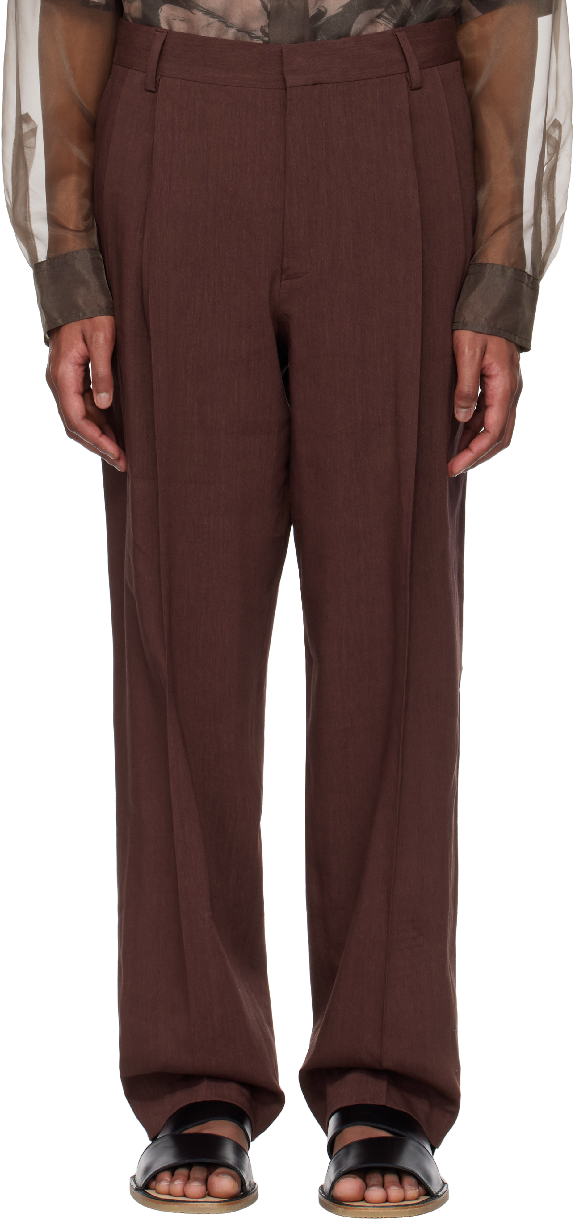 DRIES VAN NOTEN BURGUNDY CREASED TROUSERS