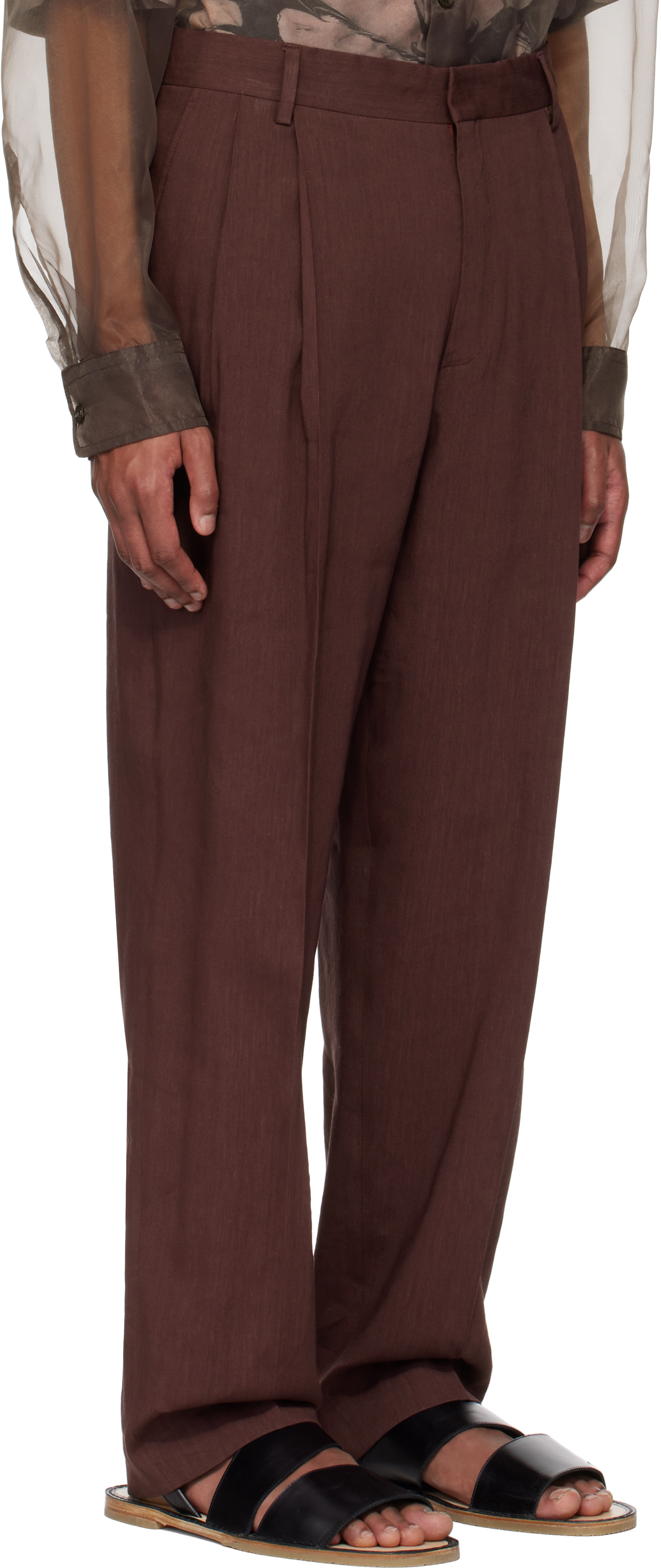 DRIES VAN NOTEN BURGUNDY CREASED TROUSERS