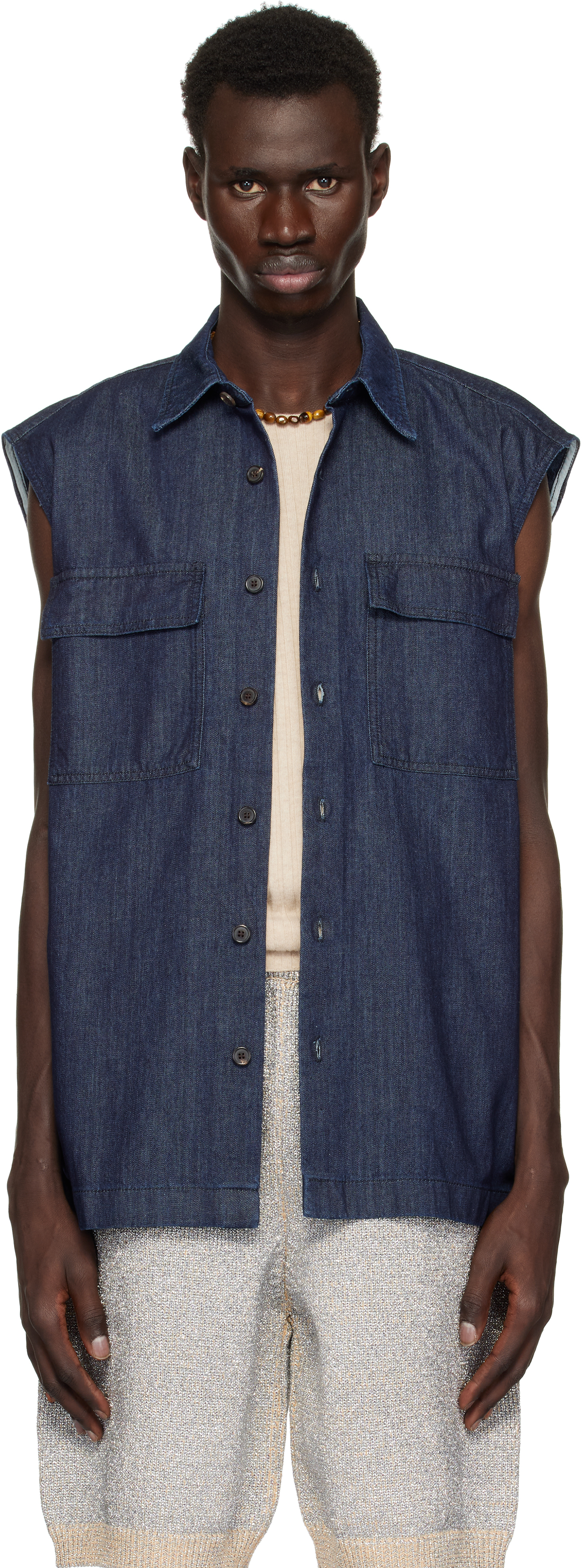 Navy Sleeveless Denim Shirt
