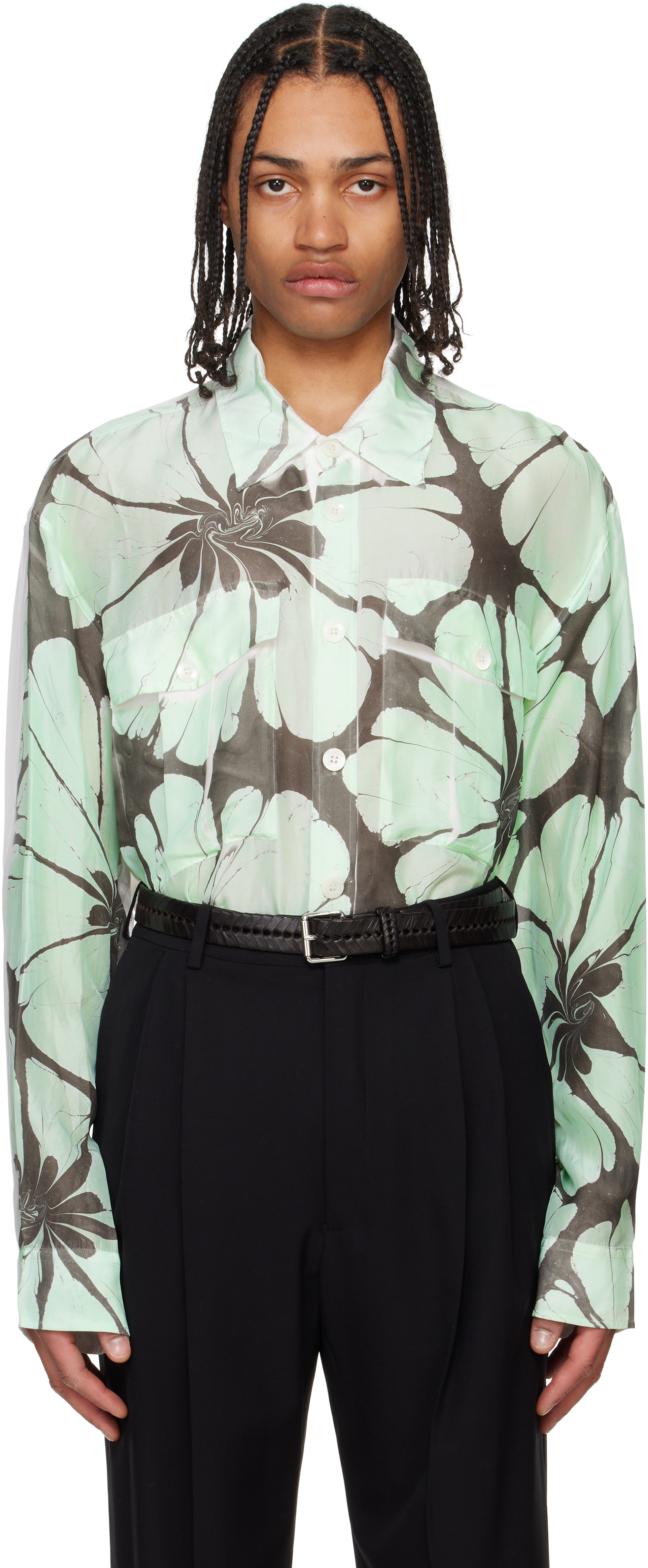 Dries Van Noten Green & White Printed Shirt In 976 Dessin B