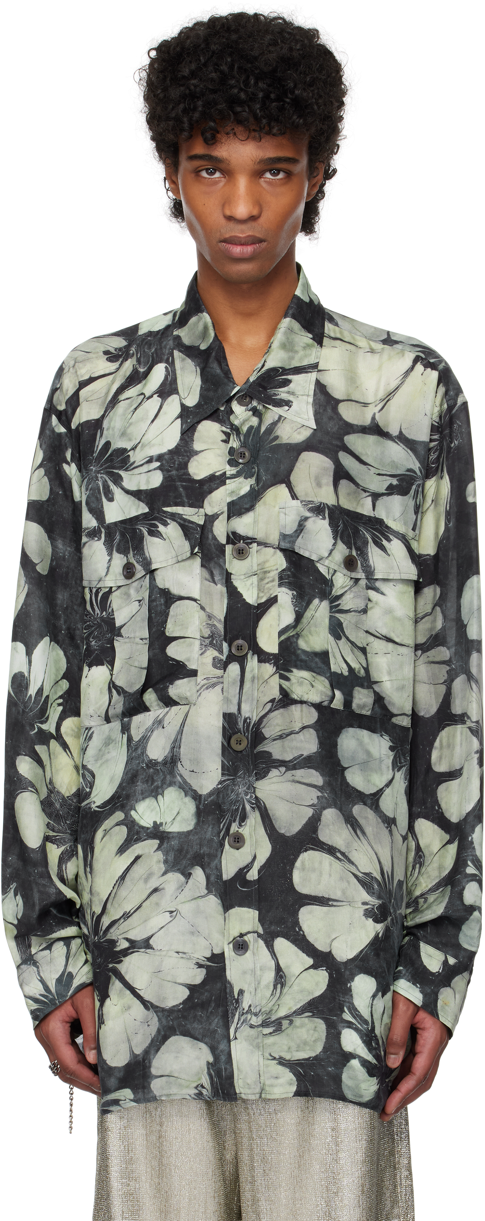 Dries Van Noten Navy & Green Silk Shirt In 604 Green