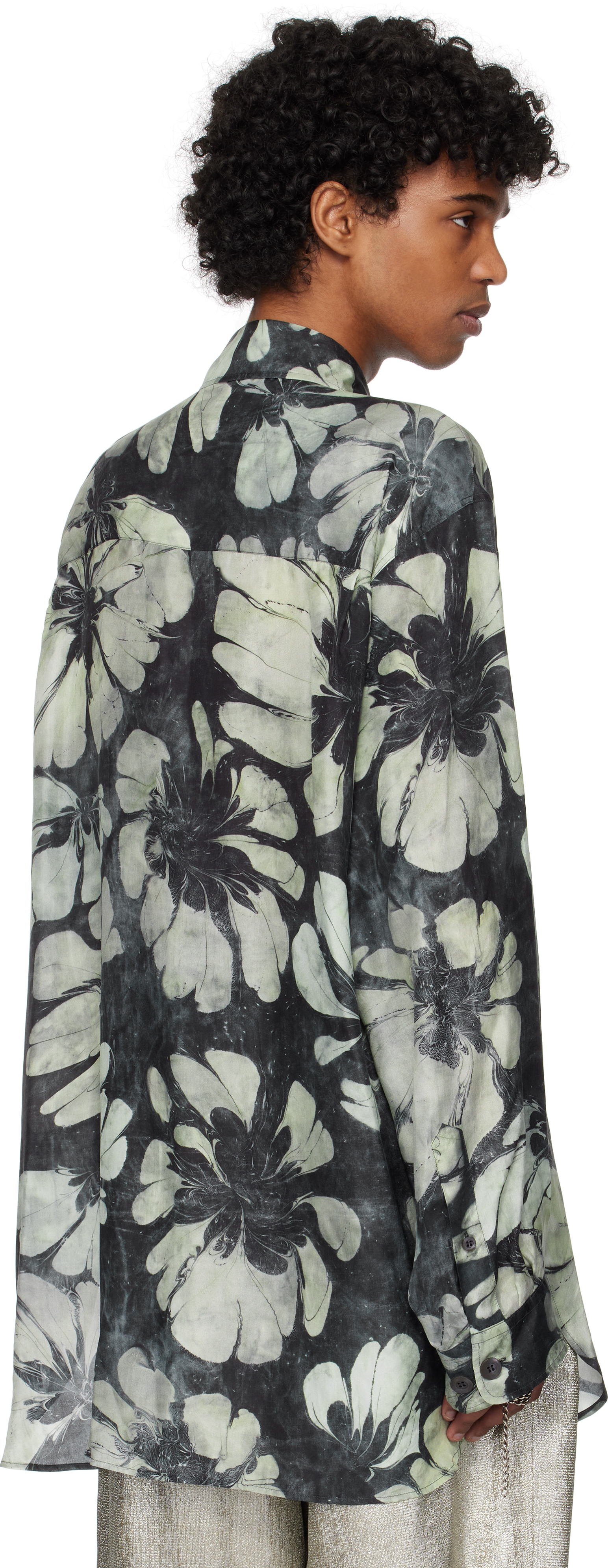 Dries Van Noten Navy & Green Silk Shirt In 604 Green
