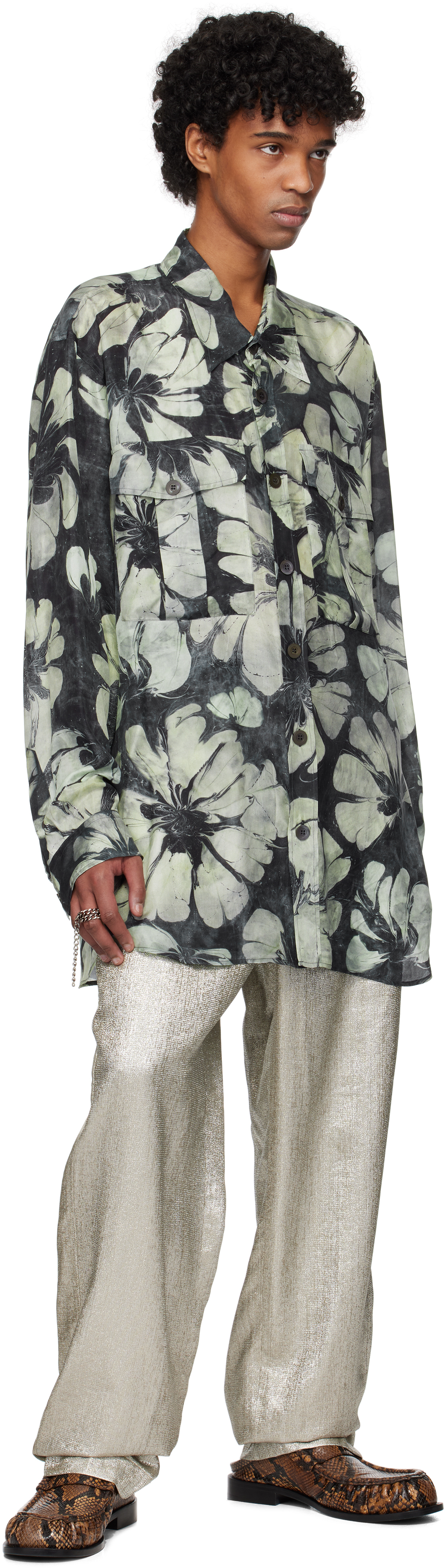 Dries Van Noten Navy & Green Silk Shirt In 604 Green