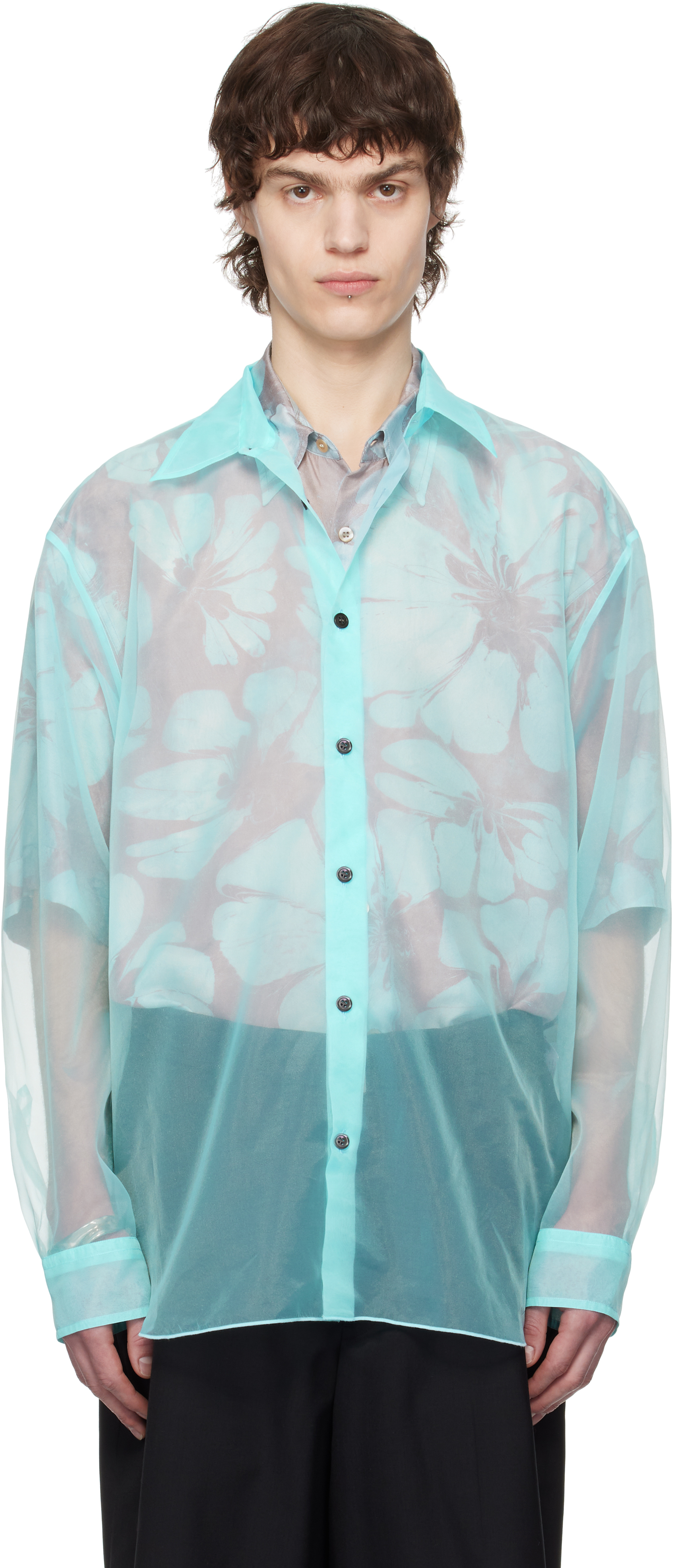 Dries Van Noten Blue Organza Shirt In 503 Turquoise