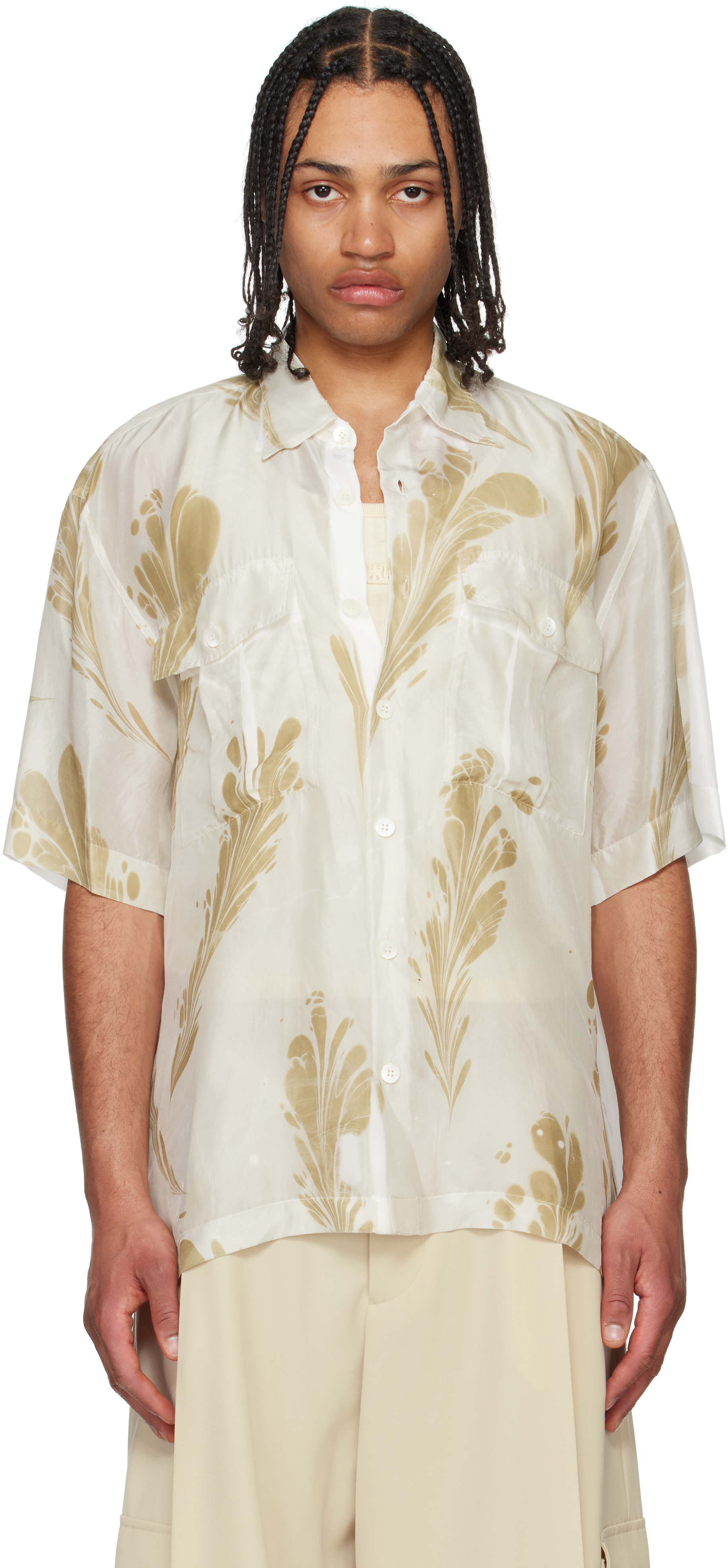 Beige & Off-White Hand Printed Silk Shirt