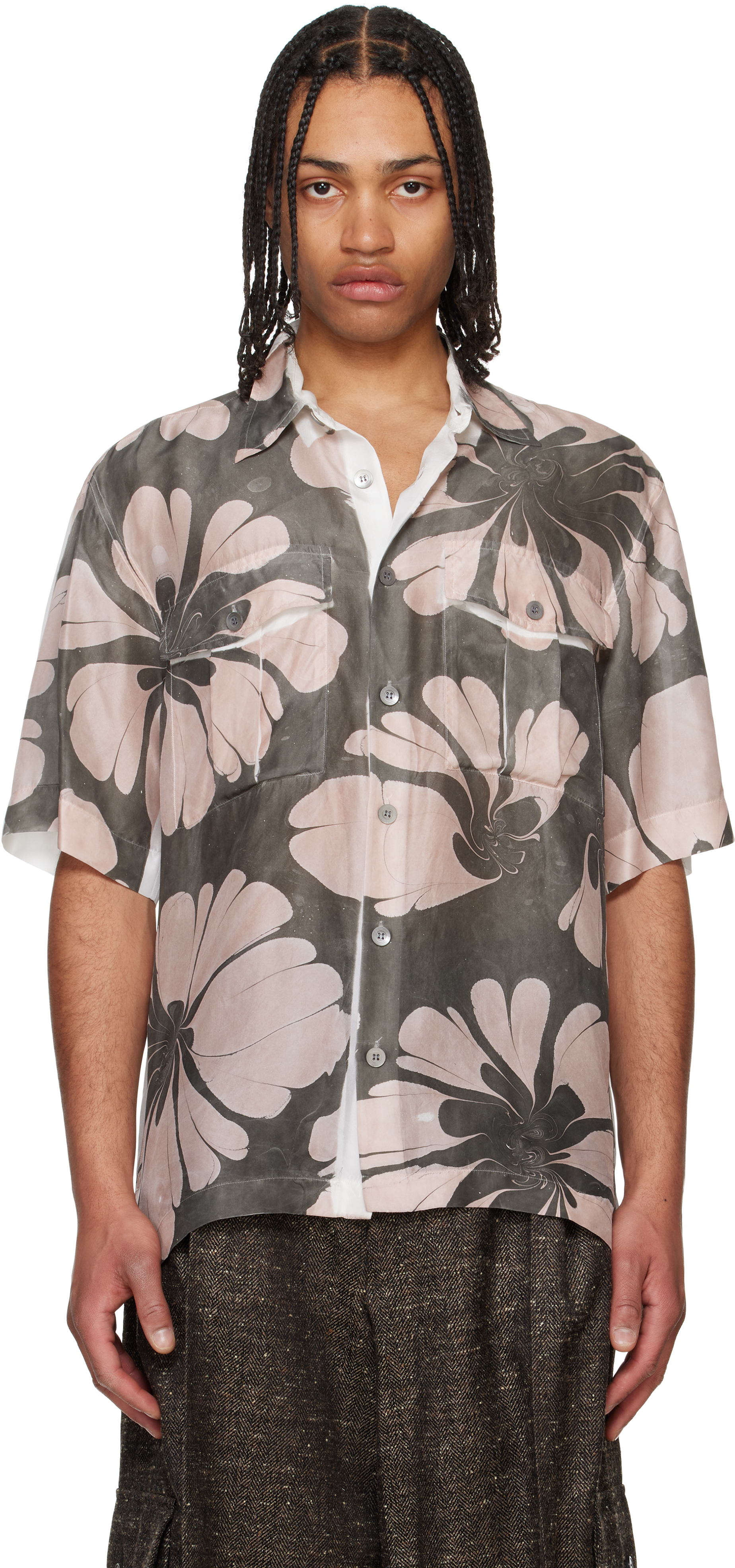 Dries Van Noten: グレー&ホワイト Dessin プリントシャツ Dries Van Noten: グレー&ホワイト Dessin プリントシャツ